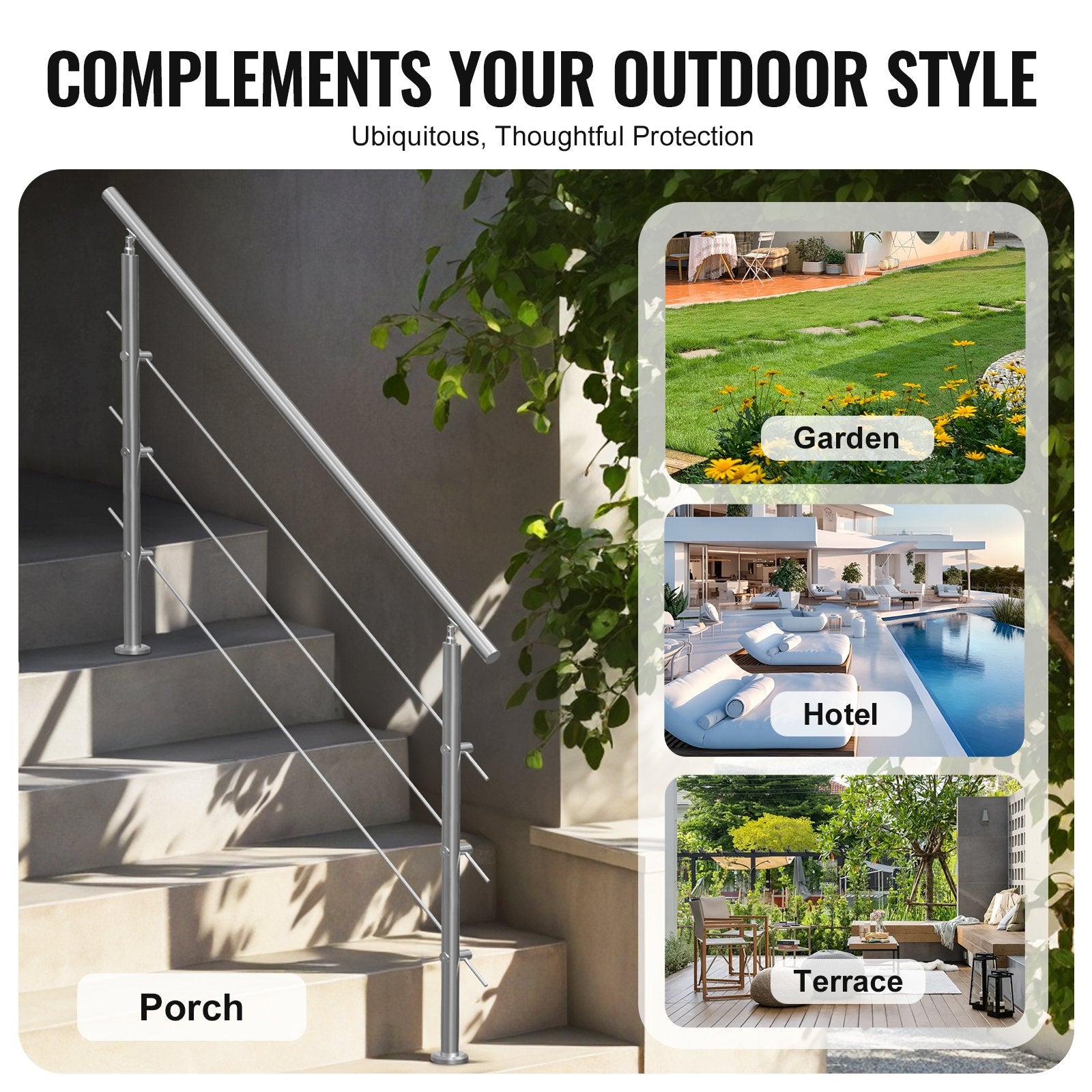 Handrails for Outdoor Steps, 59 in Length 3 Crossbars Stair Hand Rail Kit, Transitional Stainless Steel Railings w/ Installation Kit, Double-column Staircase Handrails for Seniors,Porch & Deck