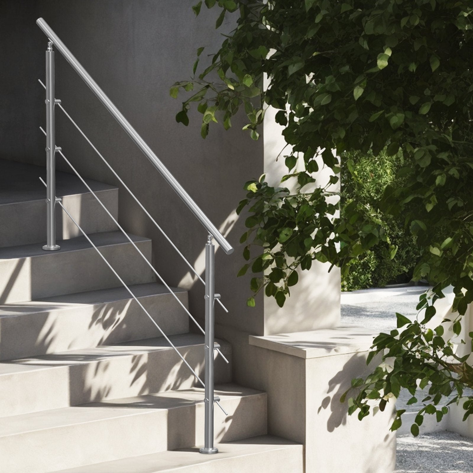 Handrails for Outdoor Steps, 59 in Length 3 Crossbars Stair Hand Rail Kit, Transitional Stainless Steel Railings w/ Installation Kit, Double-column Staircase Handrails for Seniors,Porch & Deck