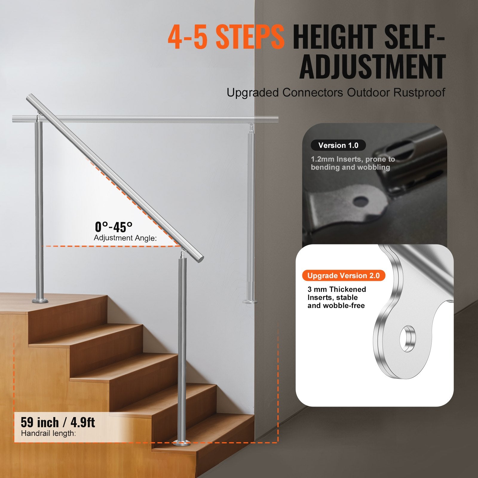 Door Hardware: VEVOR Handrails for Outdoor Steps, 59 in/ 150cm Length Stair Hand Rail Kit, Transitional Stainless Steel Railings with Installation Kit, Double-column Staircase Handrails for Seniors,Porch & Deck
