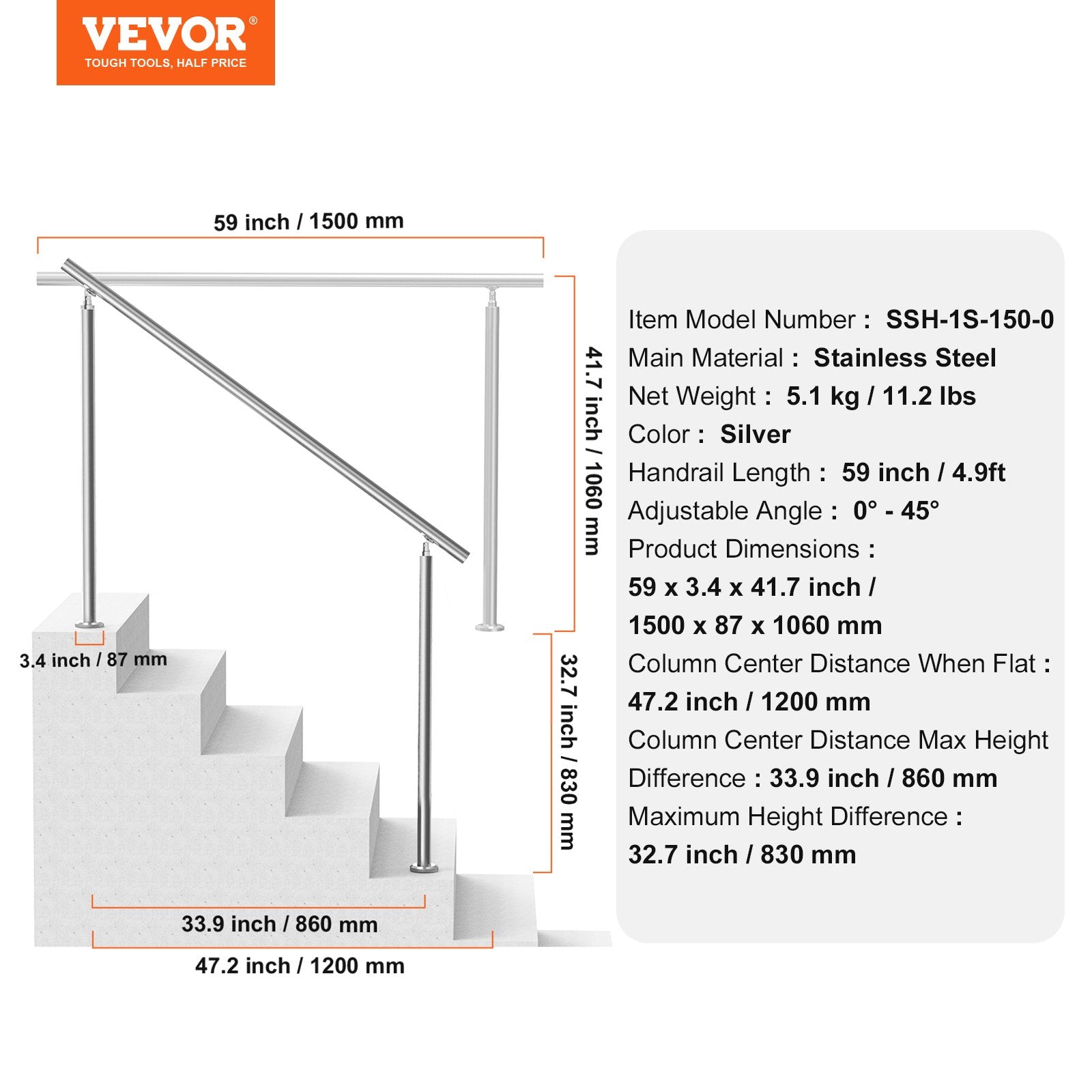 Door Hardware: VEVOR Handrails for Outdoor Steps, 59 in/ 150cm Length Stair Hand Rail Kit, Transitional Stainless Steel Railings with Installation Kit, Double-column Staircase Handrails for Seniors,Porch & Deck