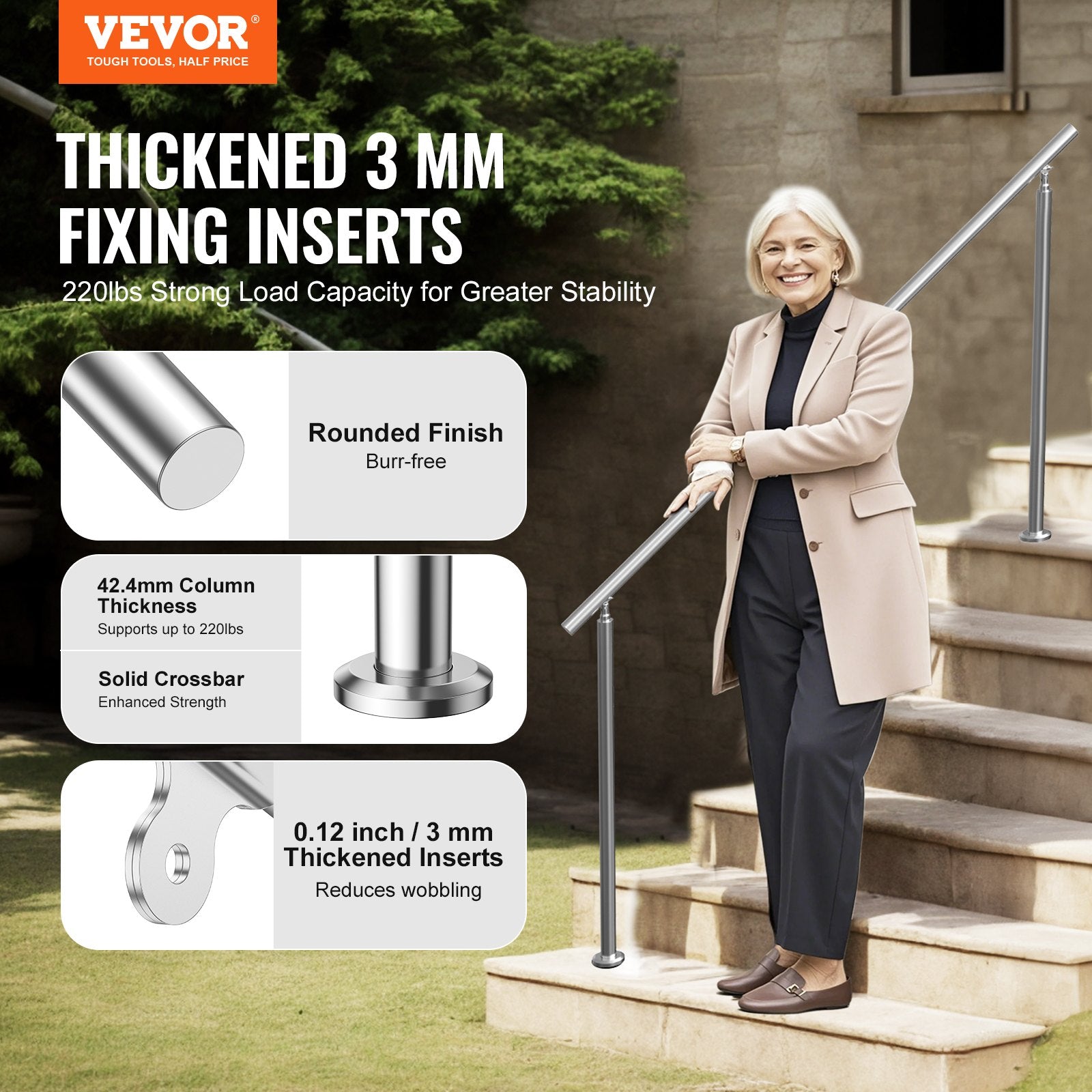 Handrails for Outdoor Steps, 70.9 in/ 180cm Length Stair Hand Rail Kit, Transitional Stainless Steel Railings with Installation Kit, Double-column Staircase Handrails for Seniors,Porch & Deck