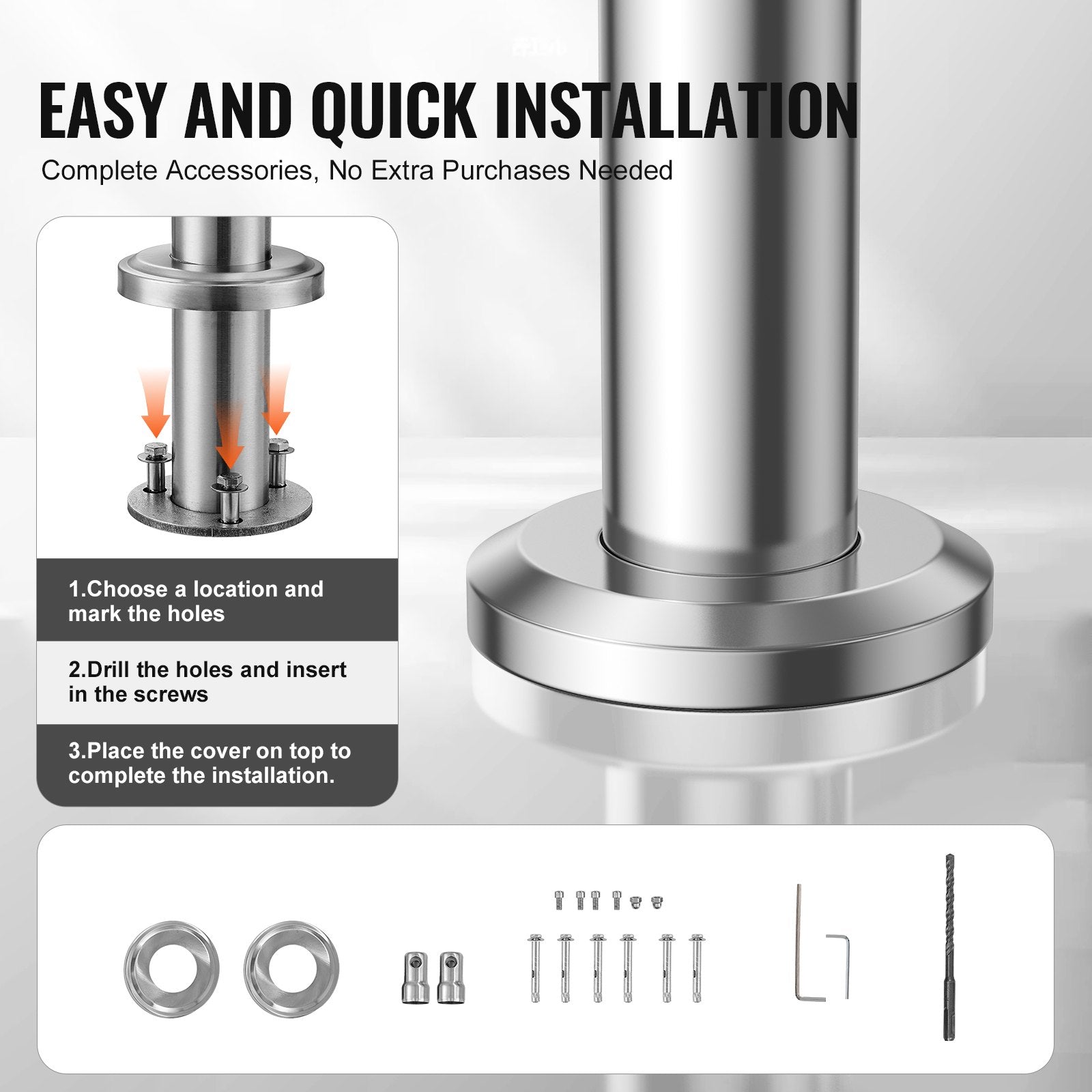 Handrails for Outdoor Steps, 70.9 in/ 180cm Length Stair Hand Rail Kit, Transitional Stainless Steel Railings with Installation Kit, Double-column Staircase Handrails for Seniors,Porch & Deck