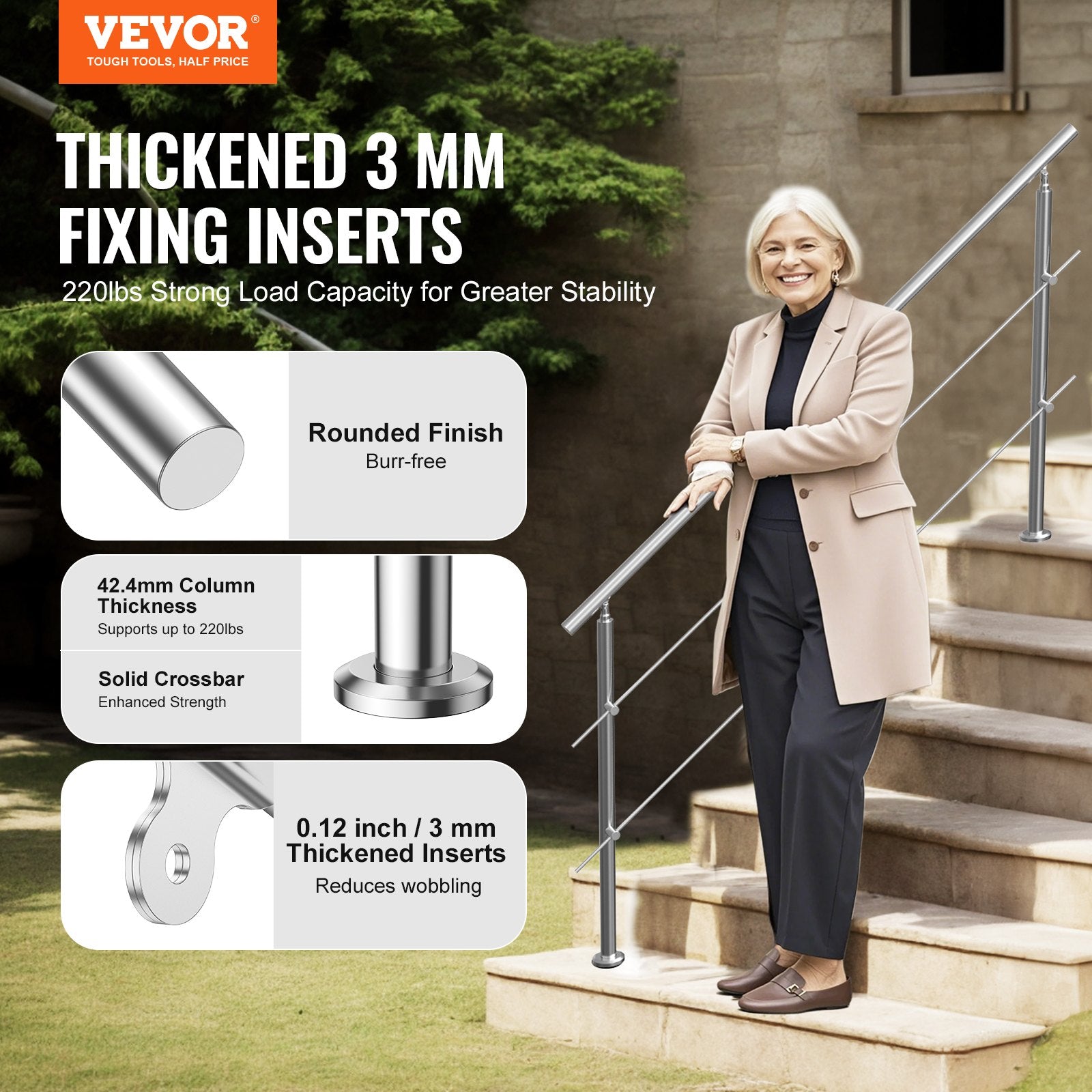 Handrails for Outdoor Steps, 70.9in Length 2 Crossbars Stair Hand Rail Kit, Transitional Stainless Steel Railings w/ Installation Kit, Double-column Staircase Handrails for Seniors,Porch & Deck