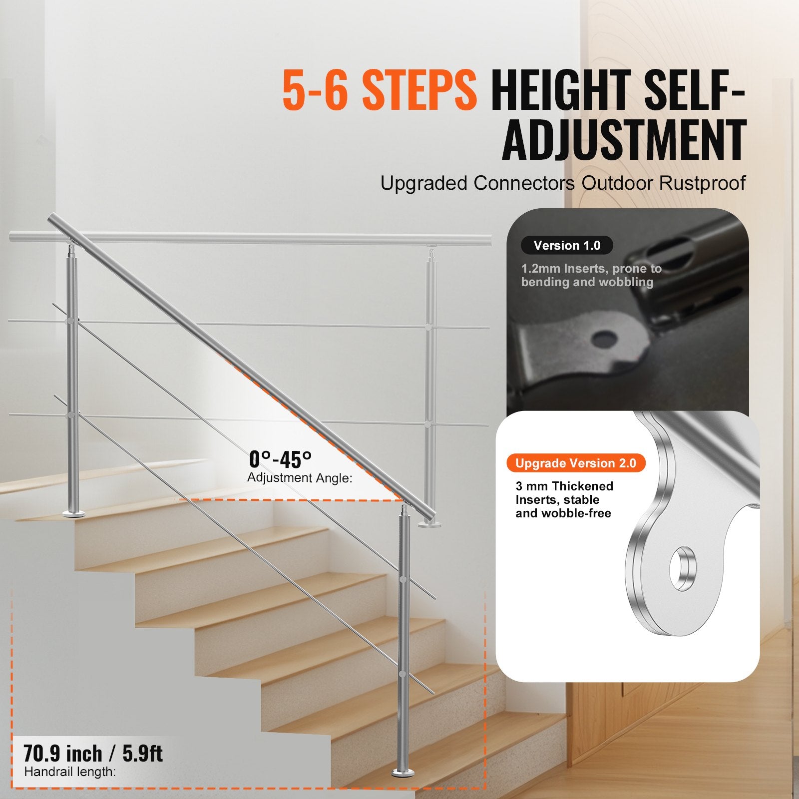 Handrails for Outdoor Steps, 70.9in Length 2 Crossbars Stair Hand Rail Kit, Transitional Stainless Steel Railings w/ Installation Kit, Double-column Staircase Handrails for Seniors,Porch & Deck