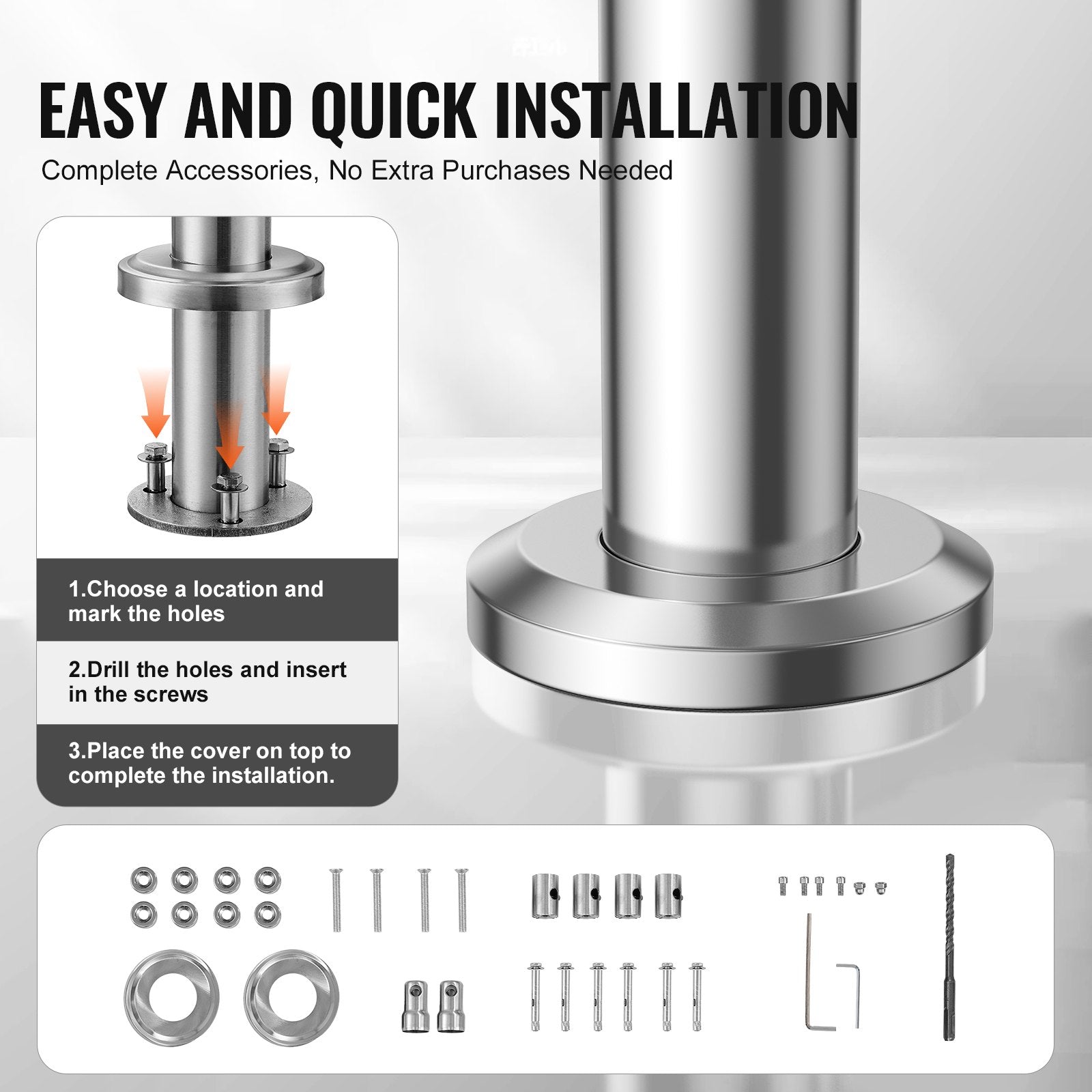 Handrails for Outdoor Steps, 70.9in Length 2 Crossbars Stair Hand Rail Kit, Transitional Stainless Steel Railings w/ Installation Kit, Double-column Staircase Handrails for Seniors,Porch & Deck