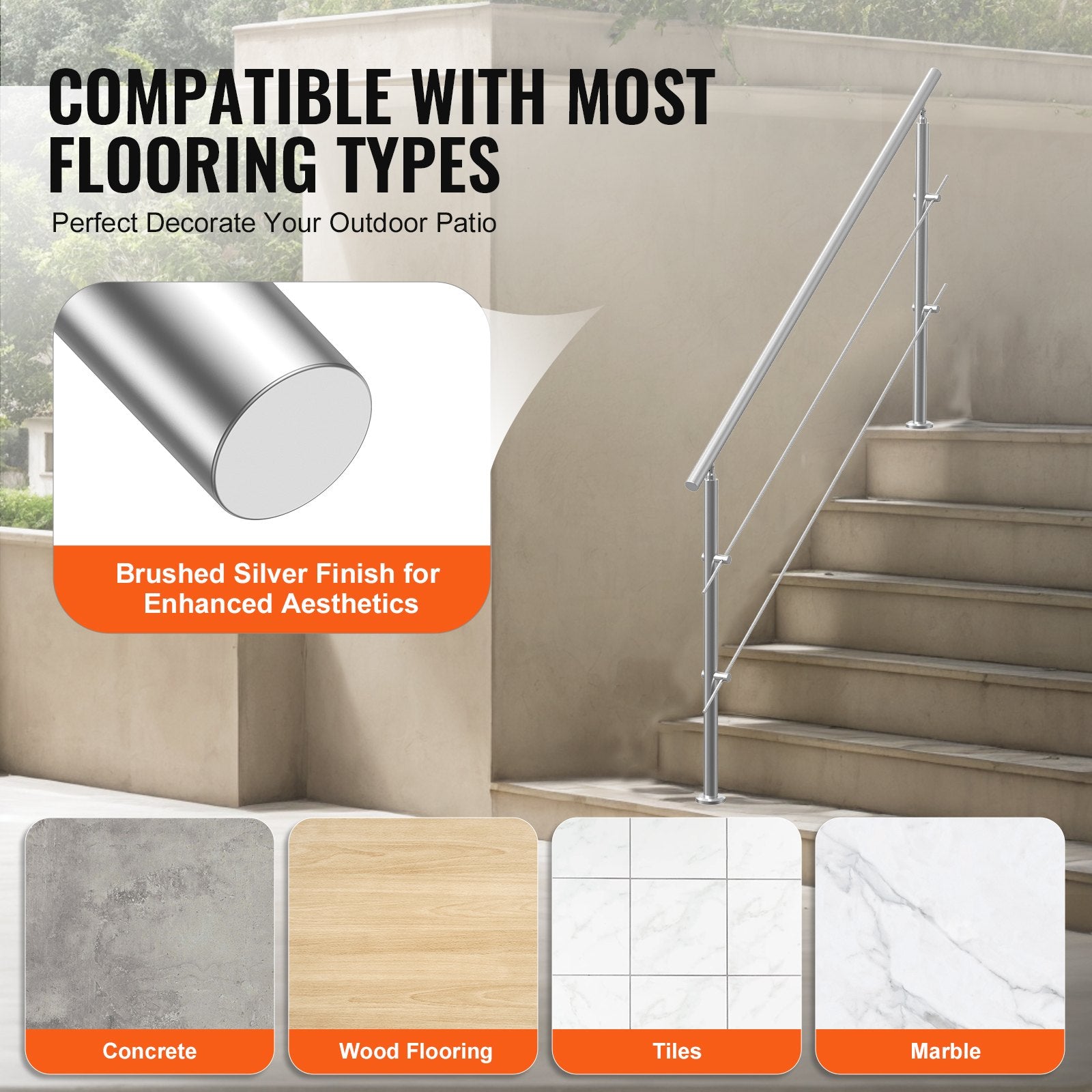 Handrails for Outdoor Steps, 70.9in Length 2 Crossbars Stair Hand Rail Kit, Transitional Stainless Steel Railings w/ Installation Kit, Double-column Staircase Handrails for Seniors,Porch & Deck