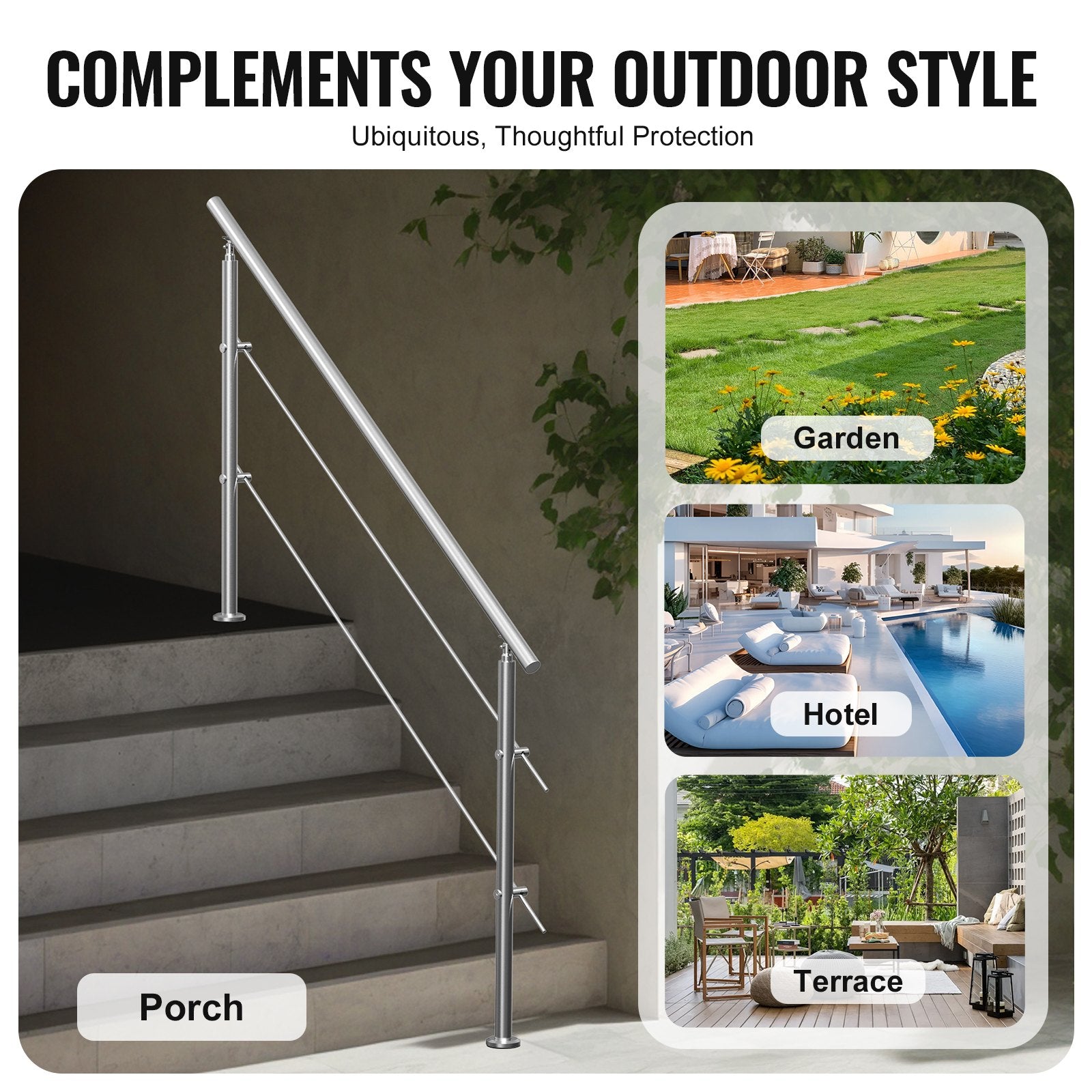 Handrails for Outdoor Steps, 70.9in Length 2 Crossbars Stair Hand Rail Kit, Transitional Stainless Steel Railings w/ Installation Kit, Double-column Staircase Handrails for Seniors,Porch & Deck