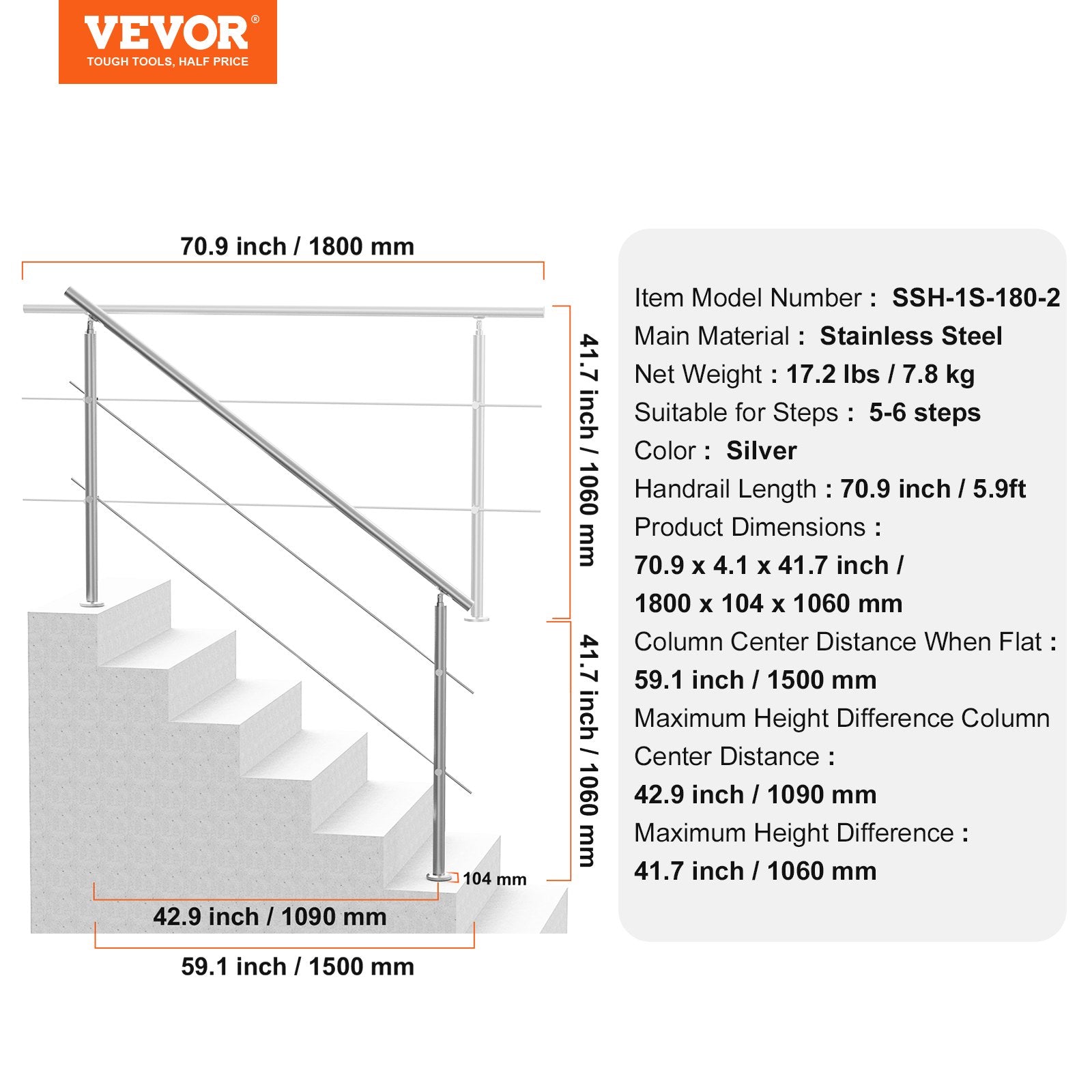 Handrails for Outdoor Steps, 70.9in Length 2 Crossbars Stair Hand Rail Kit, Transitional Stainless Steel Railings w/ Installation Kit, Double-column Staircase Handrails for Seniors,Porch & Deck