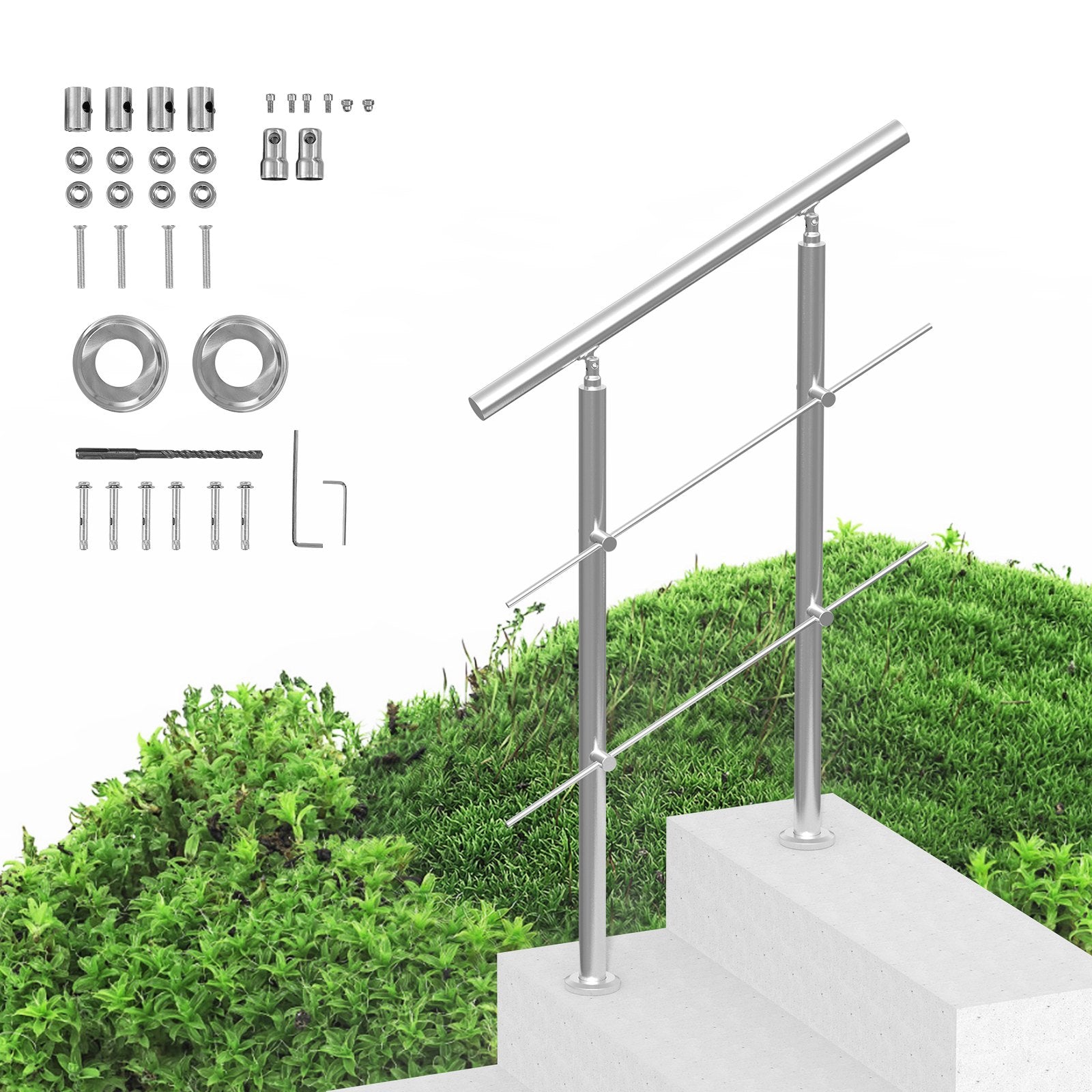 Mobility & Accessibility: VEVOR Handrails for Outdoor Steps, 31.5in Length 2 Crossbars Stair Hand Rail Kit, Transitional Stainless Steel Railings w/ Installation Kit, Double-column Staircase Handrails for Seniors,Porch & Deck