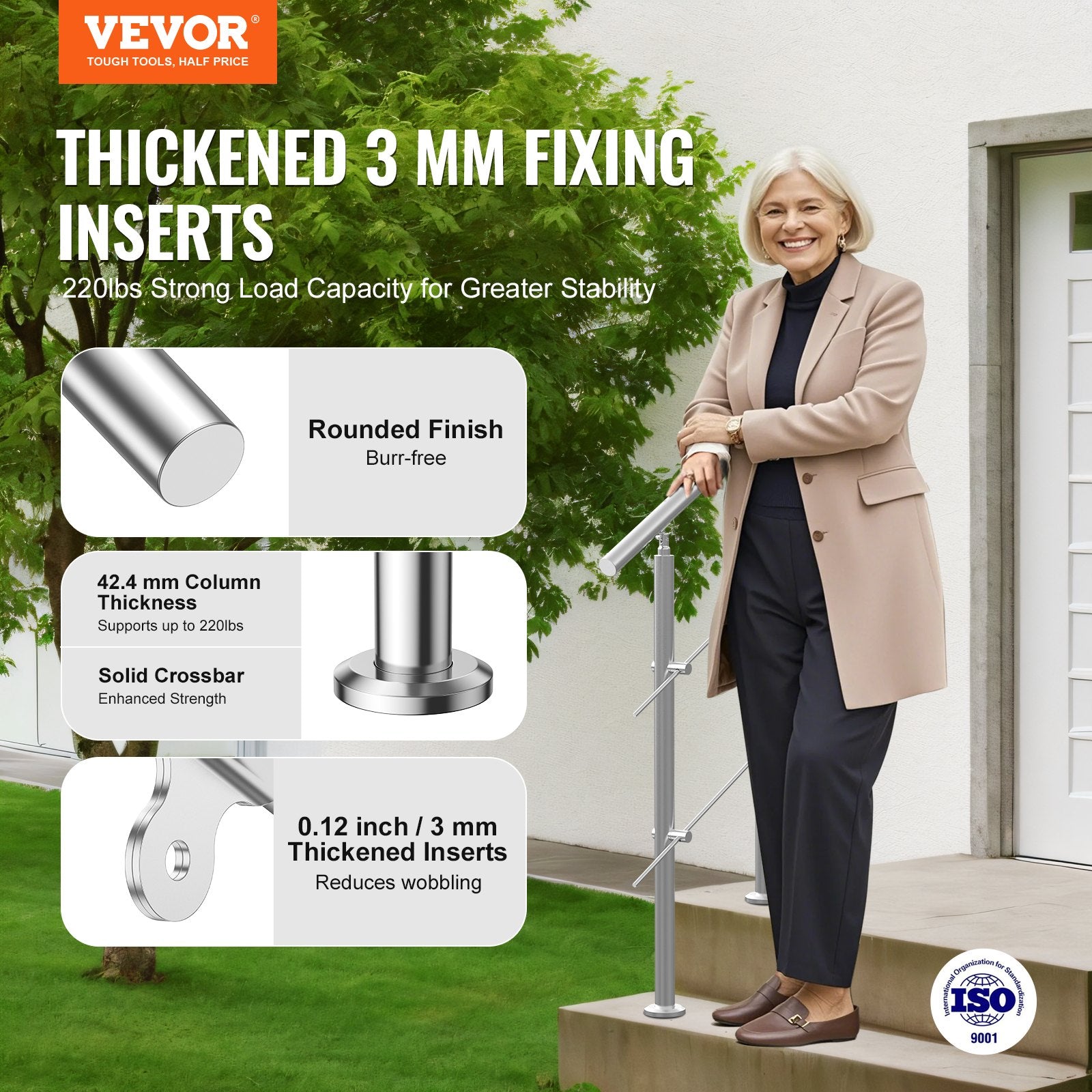 Mobility & Accessibility: VEVOR Handrails for Outdoor Steps, 31.5in Length 2 Crossbars Stair Hand Rail Kit, Transitional Stainless Steel Railings w/ Installation Kit, Double-column Staircase Handrails for Seniors,Porch & Deck