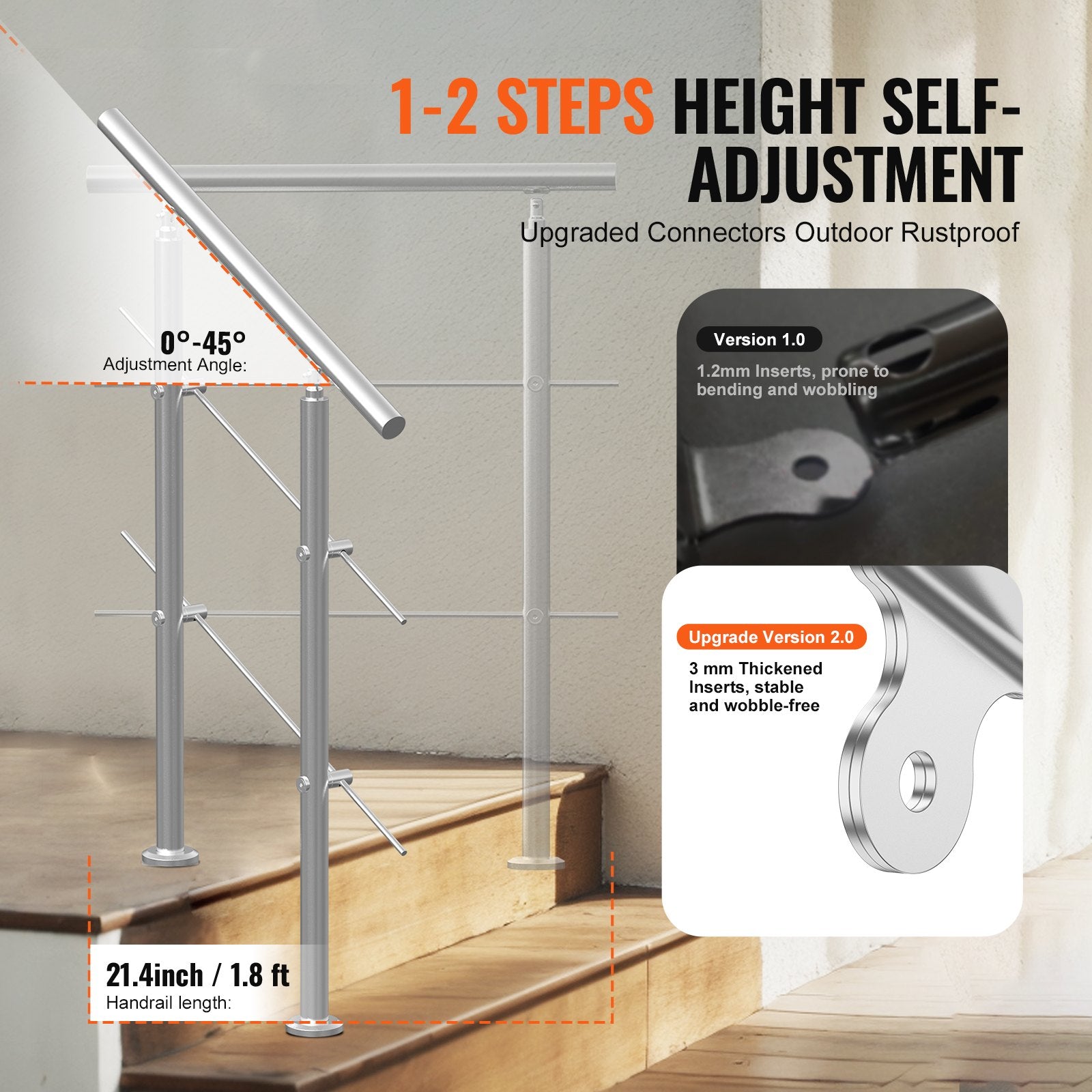 Mobility & Accessibility: VEVOR Handrails for Outdoor Steps, 31.5in Length 2 Crossbars Stair Hand Rail Kit, Transitional Stainless Steel Railings w/ Installation Kit, Double-column Staircase Handrails for Seniors,Porch & Deck