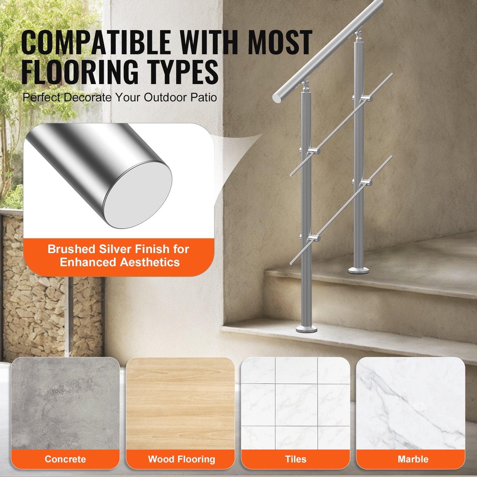Mobility & Accessibility: VEVOR Handrails for Outdoor Steps, 31.5in Length 2 Crossbars Stair Hand Rail Kit, Transitional Stainless Steel Railings w/ Installation Kit, Double-column Staircase Handrails for Seniors,Porch & Deck