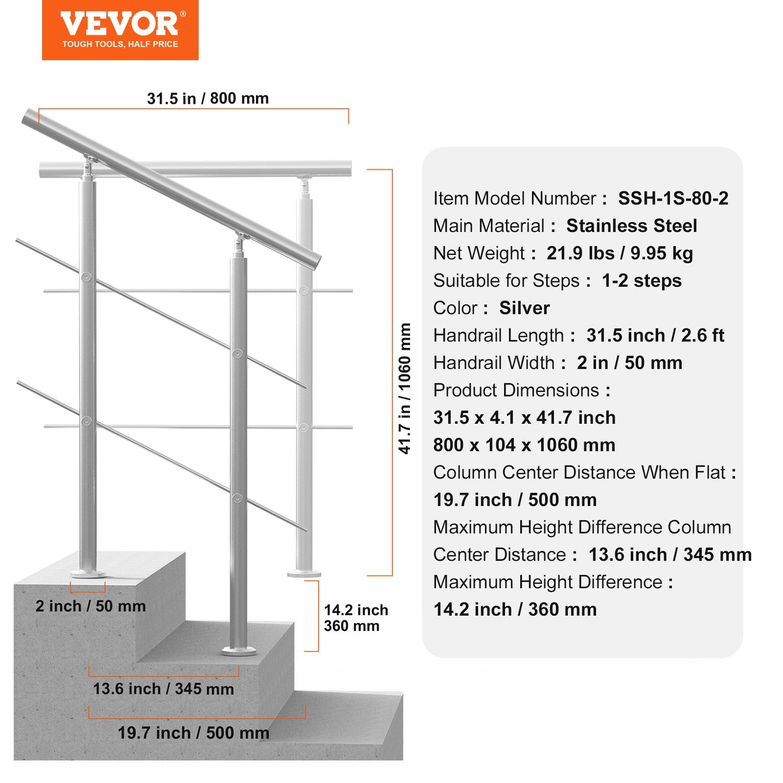 Mobility & Accessibility: VEVOR Handrails for Outdoor Steps, 31.5in Length 2 Crossbars Stair Hand Rail Kit, Transitional Stainless Steel Railings w/ Installation Kit, Double-column Staircase Handrails for Seniors,Porch & Deck