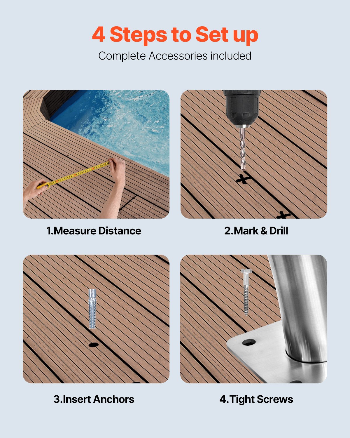 Swimming Pools: VEVOR Pool Handrail, 30" x 30" Swimming Pool Stair Rail, 2 PCs Stainless Steel Stair Pool Hand Rail Rated 375lbs Load Capacity, Pool Rail with Quick Mount Base Plate, and Complete Mounting Accessories