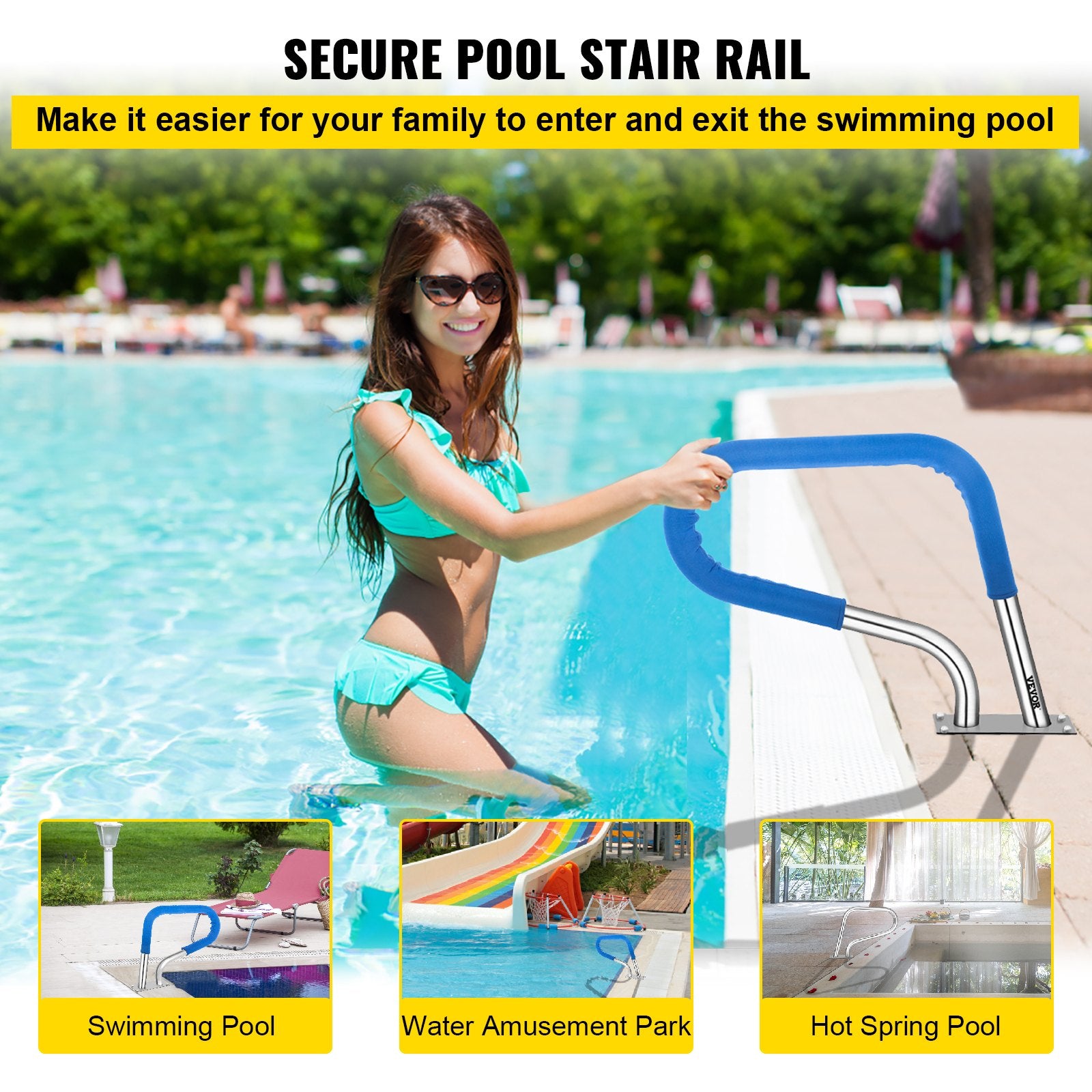 Swimming Pools: VEVOR Pool Rail 32x23 Pool Railing 304 Stainless Steel 250LBS Load Capacity Silver Rustproof Pool Handrail Humanized Swimming Pool Handrail with Blue Grip Cover & M8 Drill Bit & Self-Taping Screws