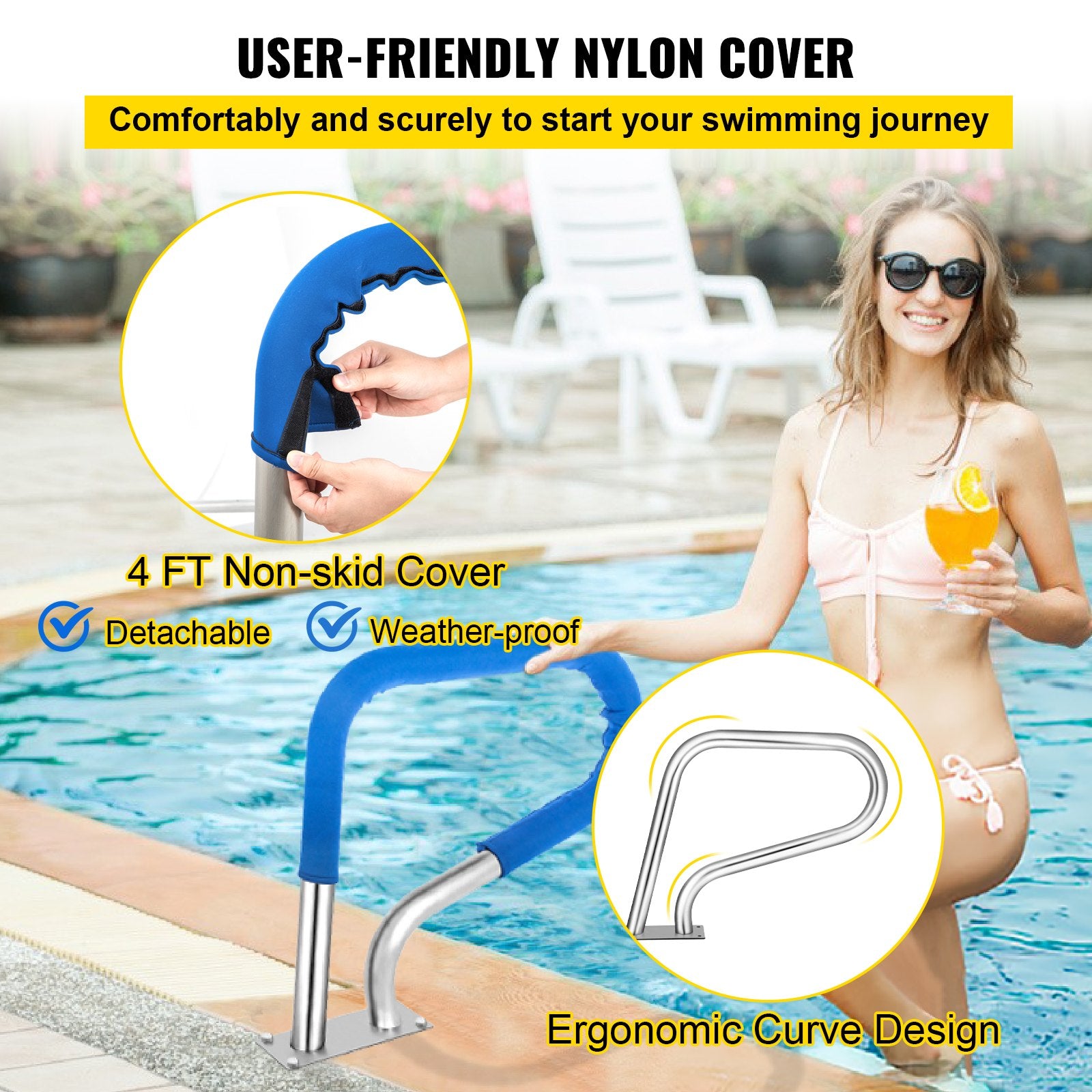 Swimming Pools: VEVOR Pool Rail 32x23 Pool Railing 304 Stainless Steel 250LBS Load Capacity Silver Rustproof Pool Handrail Humanized Swimming Pool Handrail with Blue Grip Cover & M8 Drill Bit & Self-Taping Screws