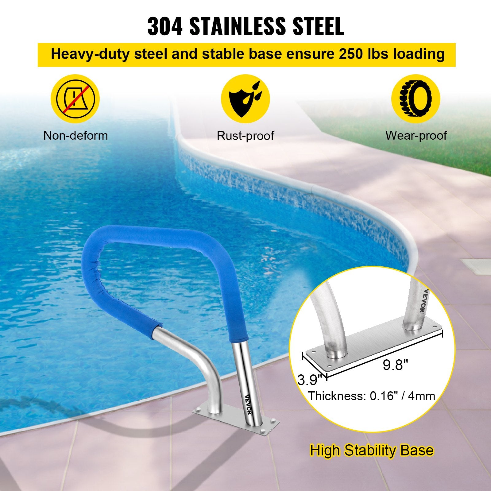 Swimming Pools: VEVOR Pool Rail 32x23 Pool Railing 304 Stainless Steel 250LBS Load Capacity Silver Rustproof Pool Handrail Humanized Swimming Pool Handrail with Blue Grip Cover & M8 Drill Bit & Self-Taping Screws
