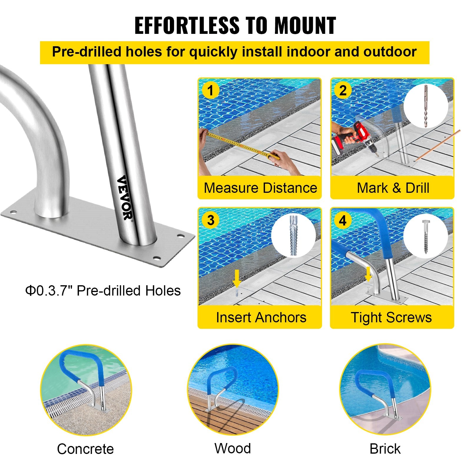 Swimming Pools: VEVOR Pool Rail 32x23 Pool Railing 304 Stainless Steel 250LBS Load Capacity Silver Rustproof Pool Handrail Humanized Swimming Pool Handrail with Blue Grip Cover & M8 Drill Bit & Self-Taping Screws