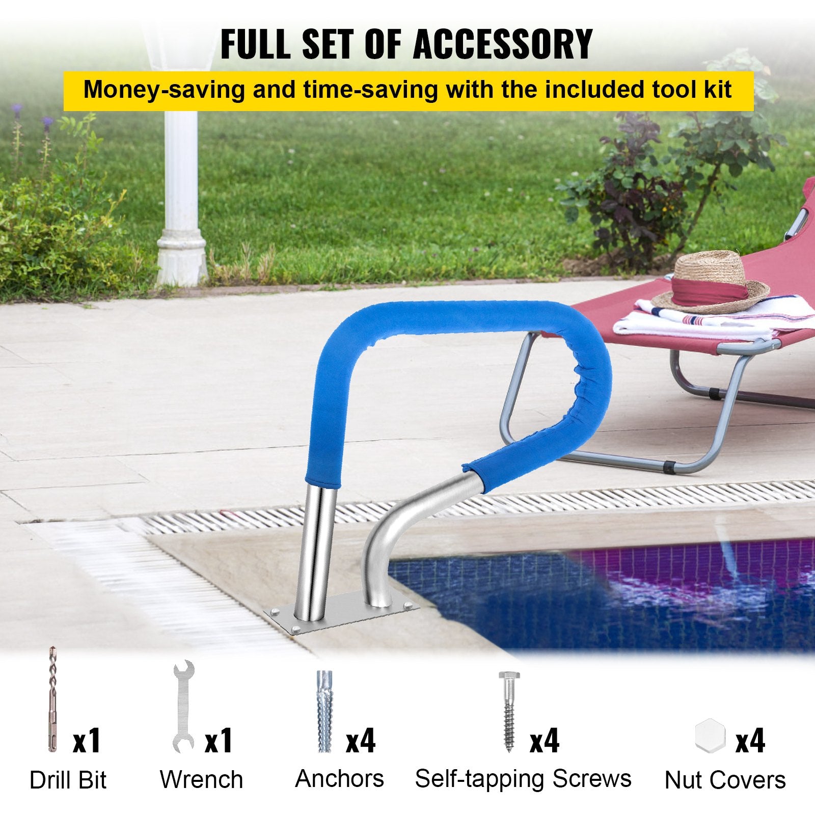 Swimming Pools: VEVOR Pool Rail 32x23 Pool Railing 304 Stainless Steel 250LBS Load Capacity Silver Rustproof Pool Handrail Humanized Swimming Pool Handrail with Blue Grip Cover & M8 Drill Bit & Self-Taping Screws