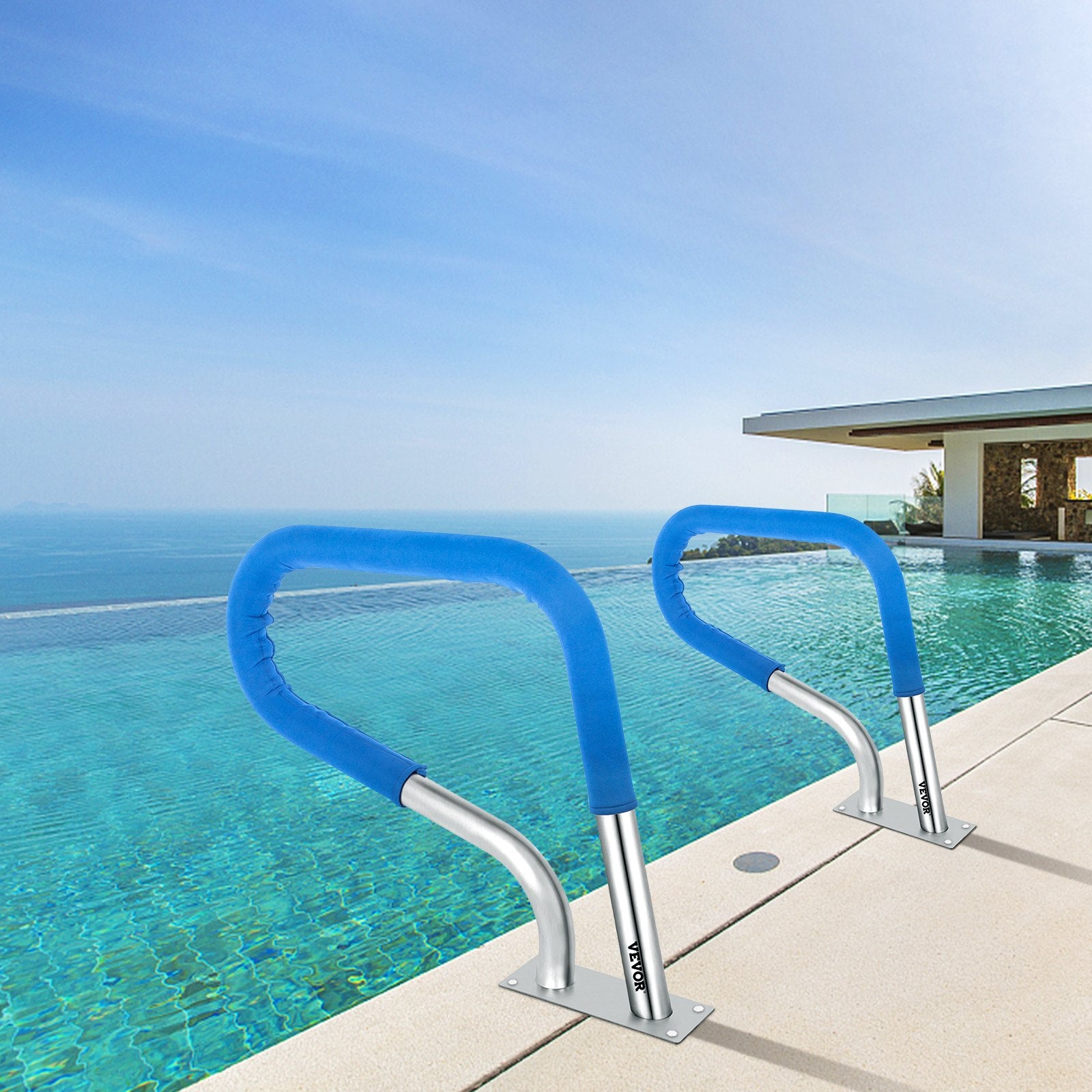 Swimming Pools: VEVOR Pool Rail 32x23 Pool Railing 304 Stainless Steel 250LBS Load Capacity Silver Rustproof Pool Handrail Humanized Swimming Pool Handrail with Blue Grip Cover & M8 Drill Bit & Self-Taping Screws
