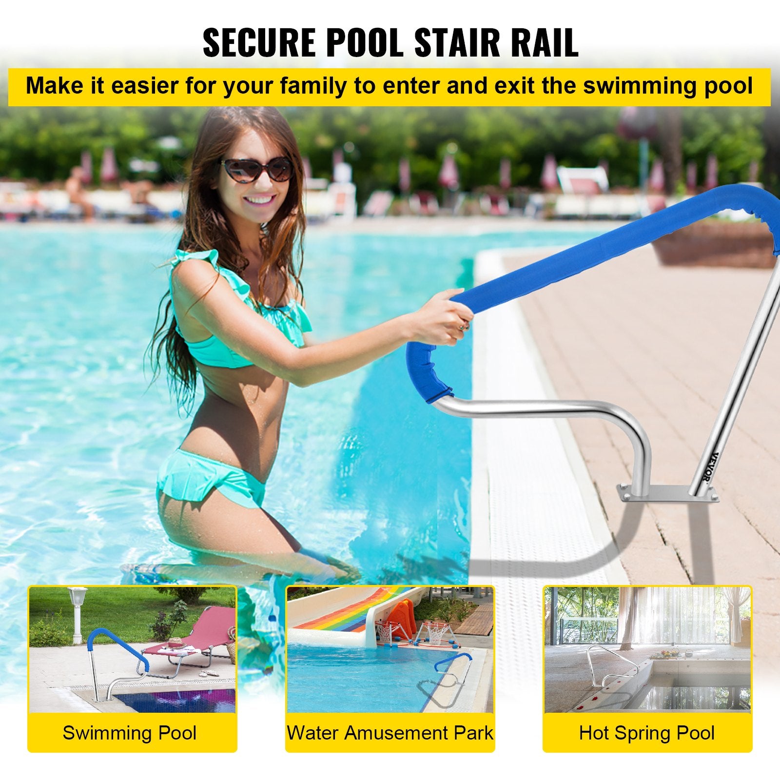 Swimming Pools: VEVOR Pool Rail 39x32 Pool Railing 304 Stainless Steel 250LBS Load Capacity Silver Rustproof Pool Handrail Humanized Swimming Pool Handrail with Blue Grip Cover & M8 Drill Bit & Self-Taping Screws
