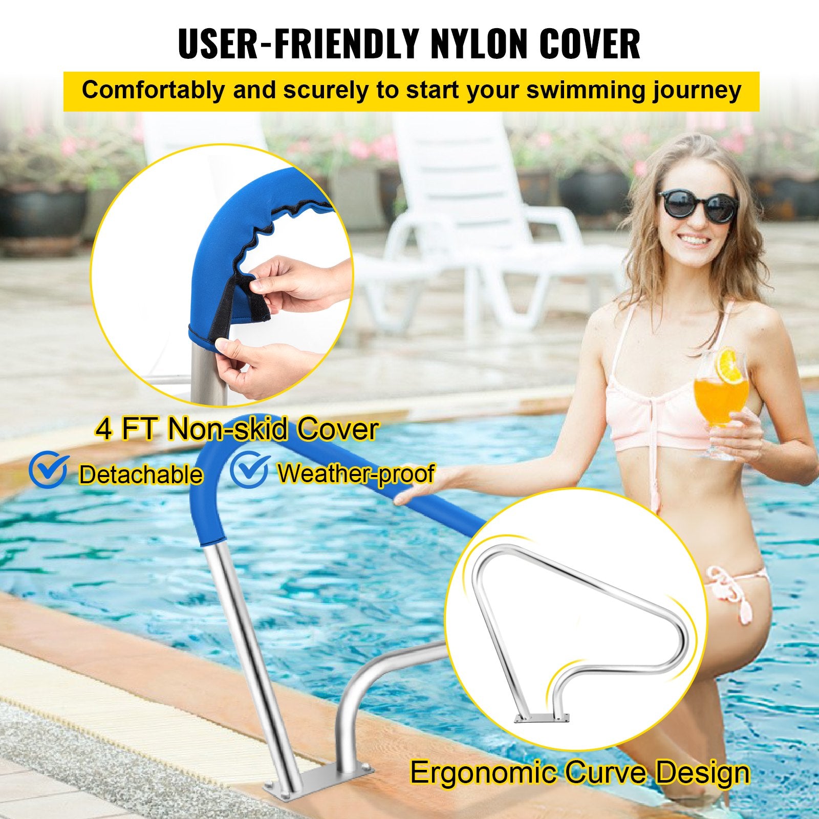 Swimming Pools: VEVOR Pool Rail 39x32 Pool Railing 304 Stainless Steel 250LBS Load Capacity Silver Rustproof Pool Handrail Humanized Swimming Pool Handrail with Blue Grip Cover & M8 Drill Bit & Self-Taping Screws