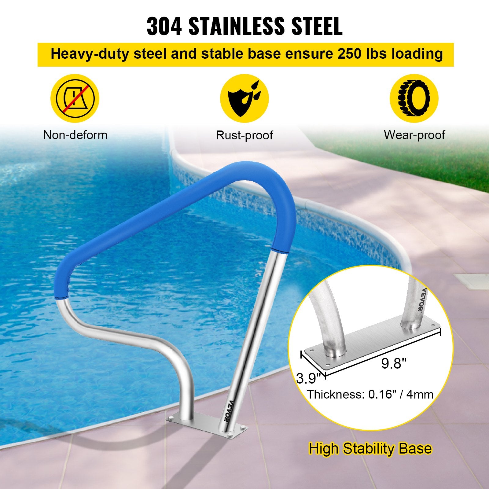 Swimming Pools: VEVOR Pool Rail 39x32 Pool Railing 304 Stainless Steel 250LBS Load Capacity Silver Rustproof Pool Handrail Humanized Swimming Pool Handrail with Blue Grip Cover & M8 Drill Bit & Self-Taping Screws