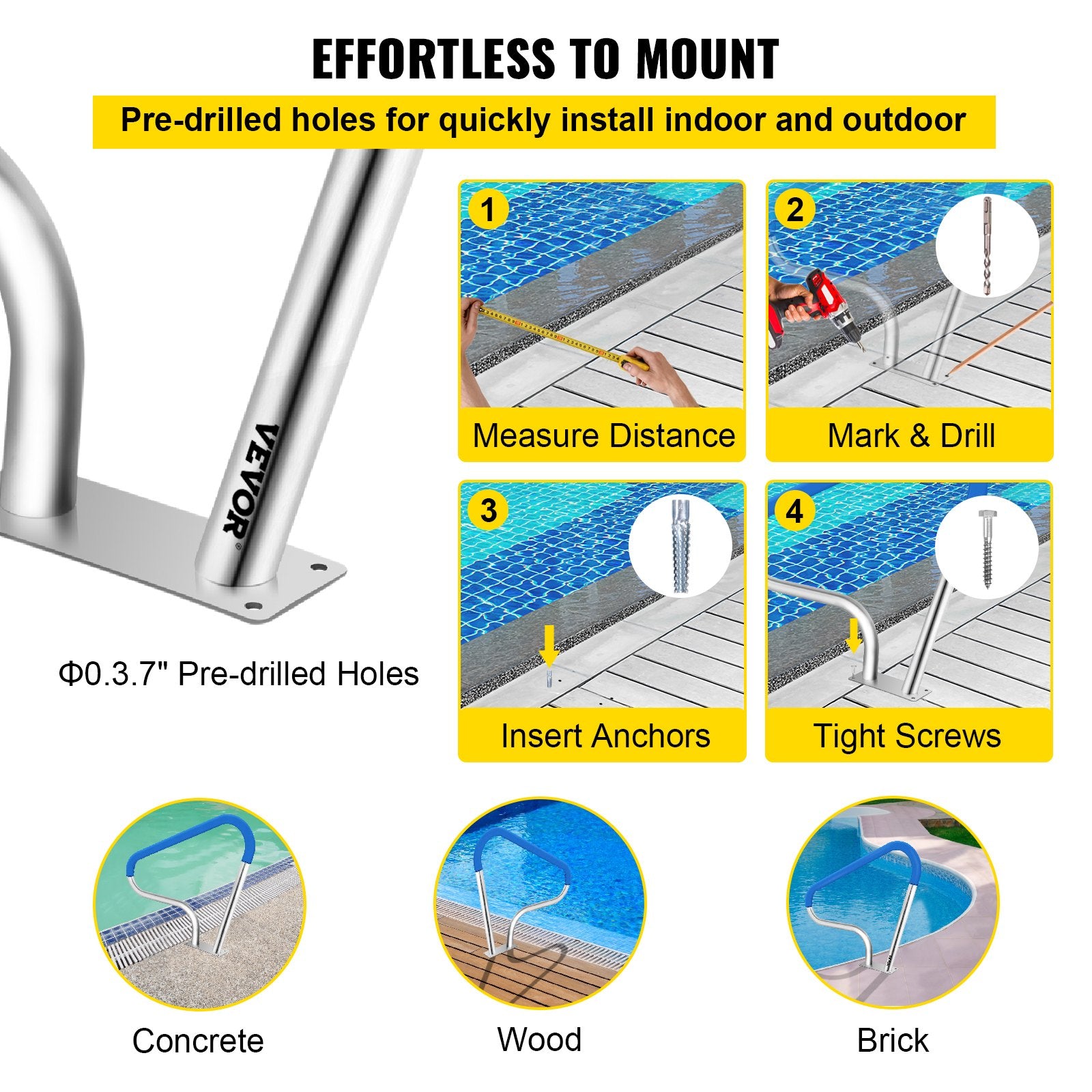 Swimming Pools: VEVOR Pool Rail 39x32 Pool Railing 304 Stainless Steel 250LBS Load Capacity Silver Rustproof Pool Handrail Humanized Swimming Pool Handrail with Blue Grip Cover & M8 Drill Bit & Self-Taping Screws
