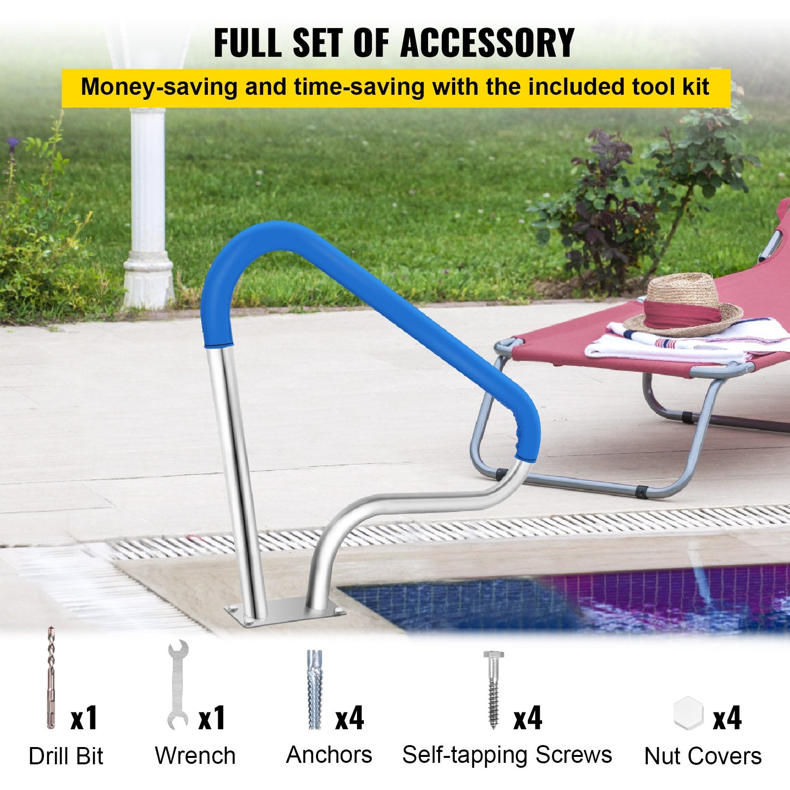 Swimming Pools: VEVOR Pool Rail 39x32 Pool Railing 304 Stainless Steel 250LBS Load Capacity Silver Rustproof Pool Handrail Humanized Swimming Pool Handrail with Blue Grip Cover & M8 Drill Bit & Self-Taping Screws