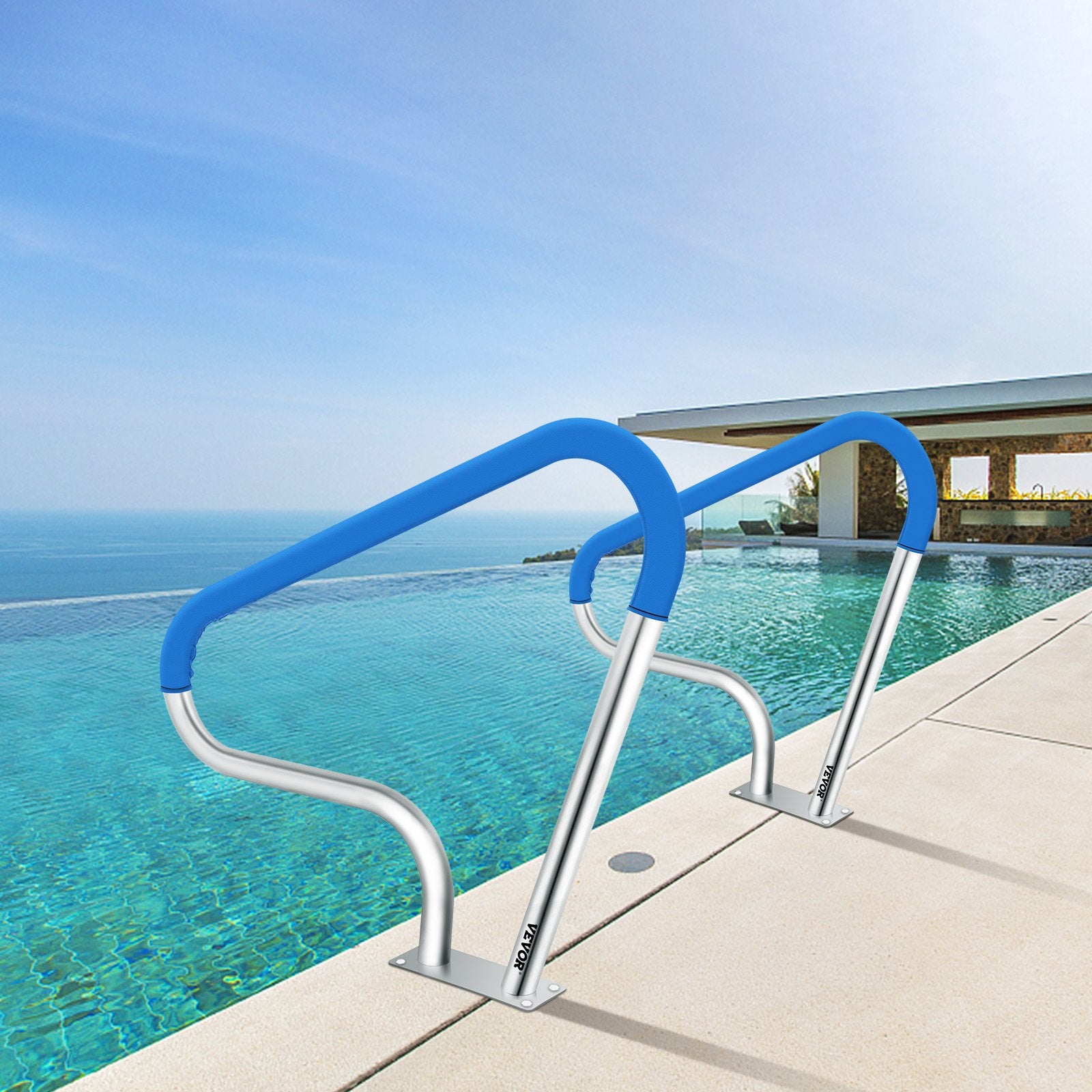 Swimming Pools: VEVOR Pool Rail 39x32 Pool Railing 304 Stainless Steel 250LBS Load Capacity Silver Rustproof Pool Handrail Humanized Swimming Pool Handrail with Blue Grip Cover & M8 Drill Bit & Self-Taping Screws
