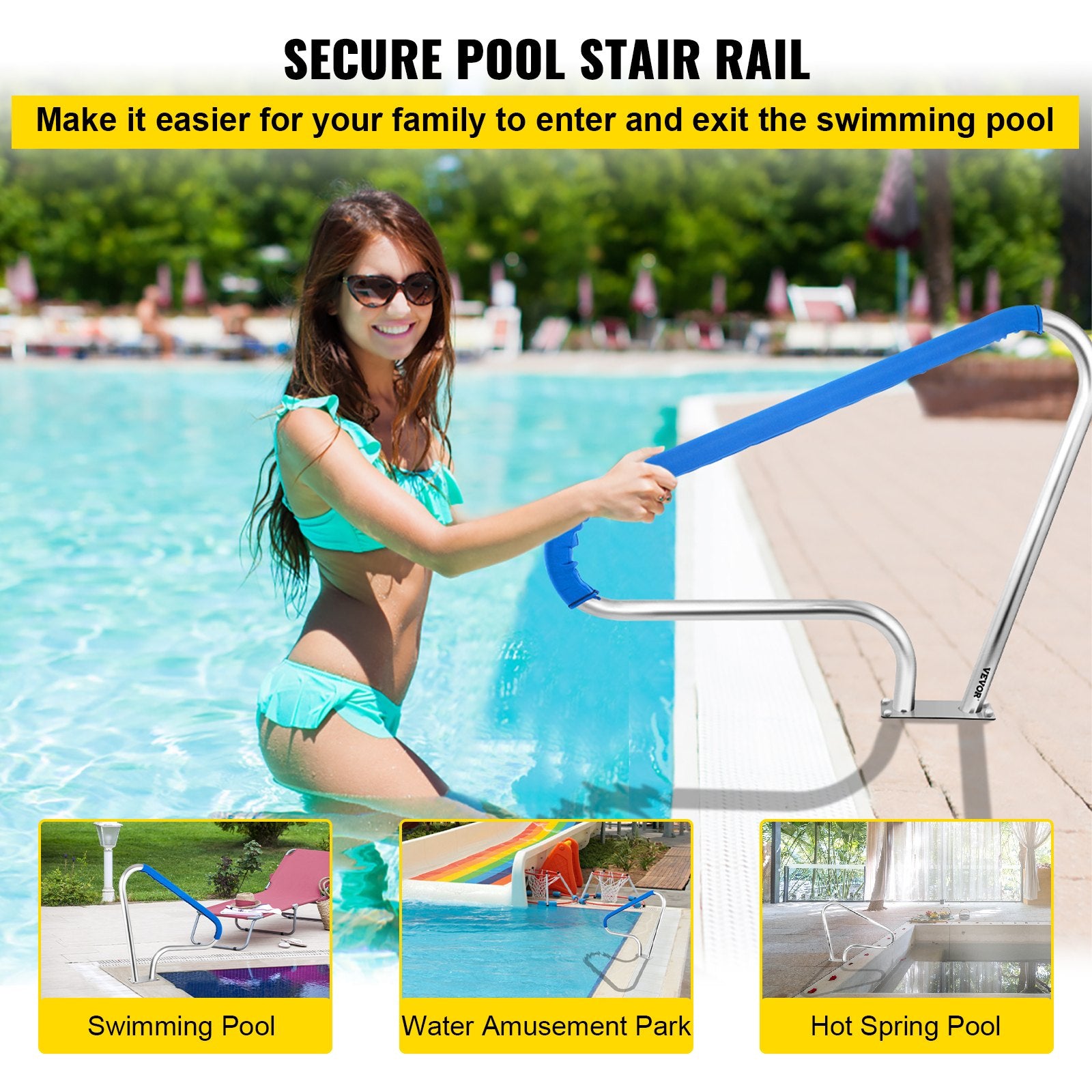 Swimming Pools: VEVOR Pool Rail 48x36 Pool Railing 304 Stainless Steel 250LBS Load Capacity Silver Rustproof Pool Handrail Humanized Swimming Pool Handrail with Blue Grip Cover & M8 Drill Bit & Self-Taping Screws