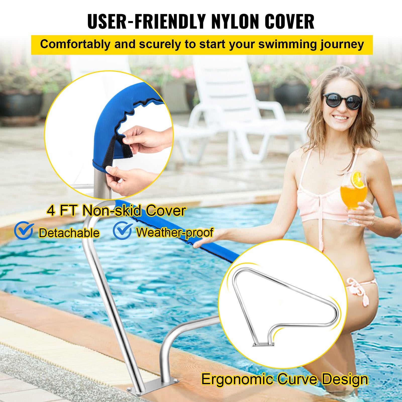 Swimming Pools: VEVOR Pool Rail 48x36 Pool Railing 304 Stainless Steel 250LBS Load Capacity Silver Rustproof Pool Handrail Humanized Swimming Pool Handrail with Blue Grip Cover & M8 Drill Bit & Self-Taping Screws