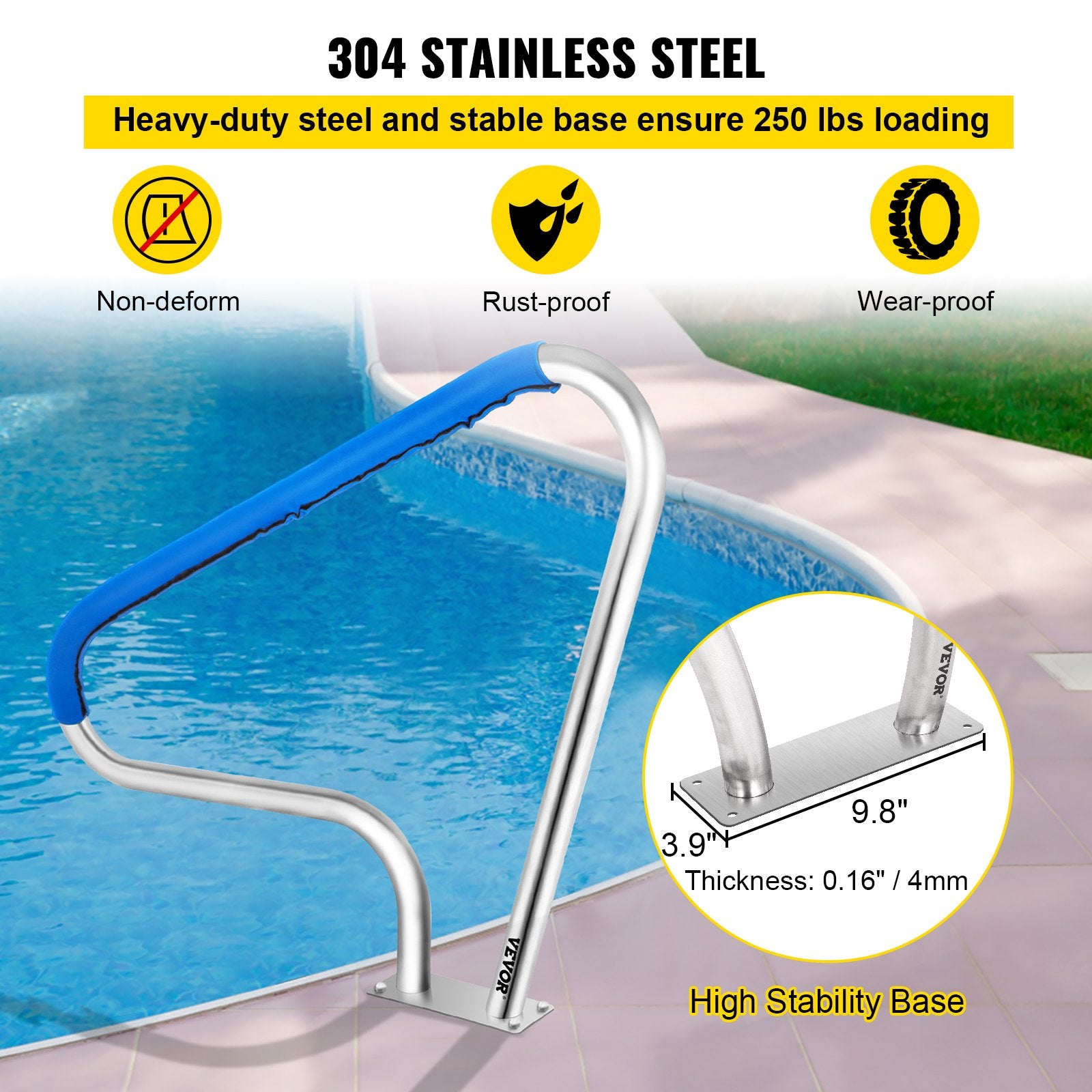 Swimming Pools: VEVOR Pool Rail 48x36 Pool Railing 304 Stainless Steel 250LBS Load Capacity Silver Rustproof Pool Handrail Humanized Swimming Pool Handrail with Blue Grip Cover & M8 Drill Bit & Self-Taping Screws