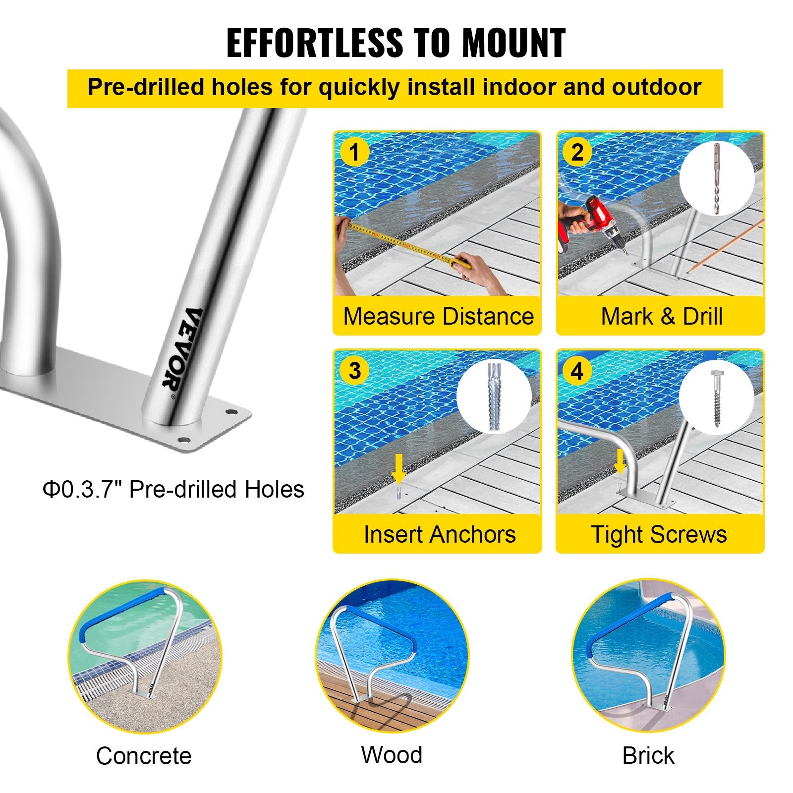 Swimming Pools: VEVOR Pool Rail 48x36 Pool Railing 304 Stainless Steel 250LBS Load Capacity Silver Rustproof Pool Handrail Humanized Swimming Pool Handrail with Blue Grip Cover & M8 Drill Bit & Self-Taping Screws