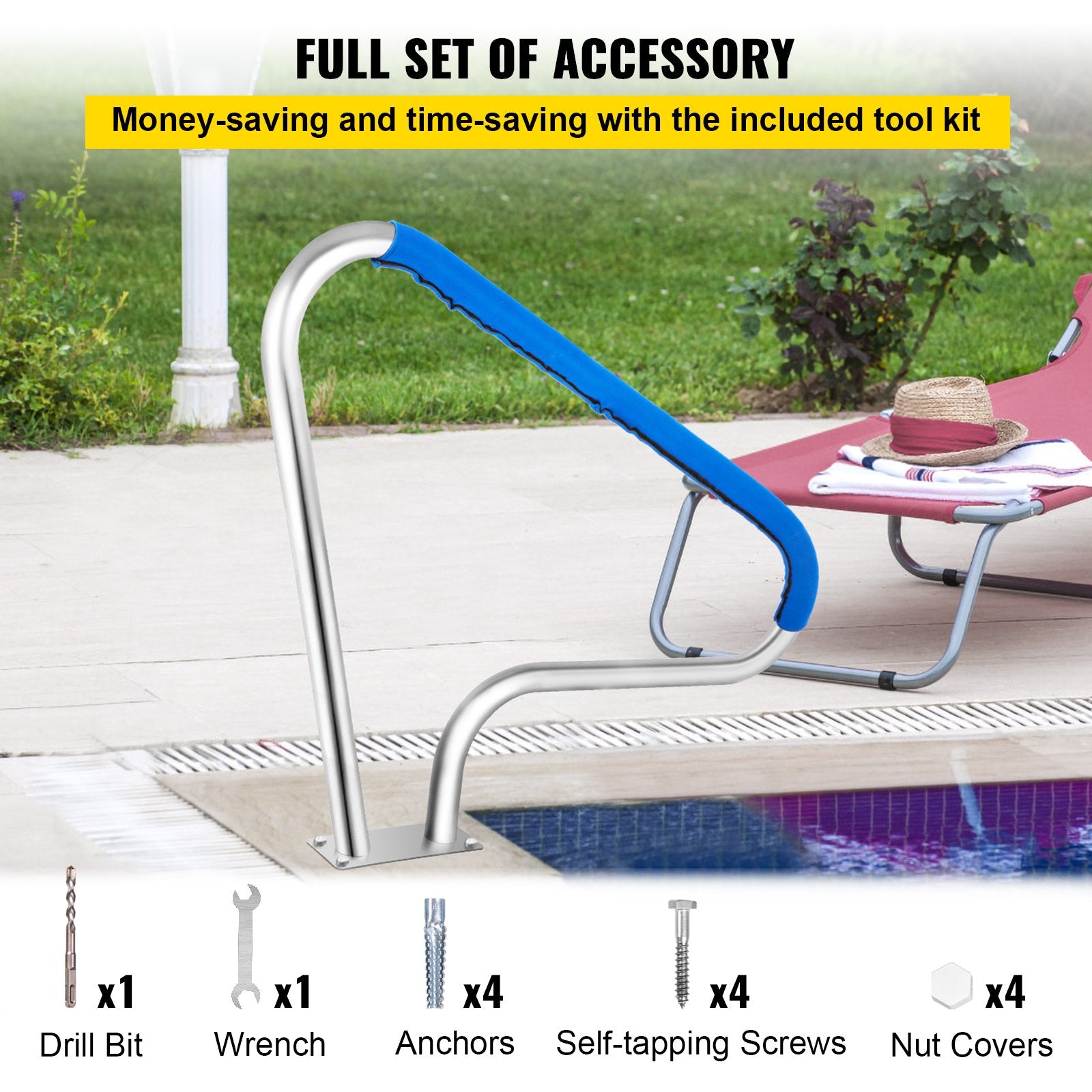 Swimming Pools: VEVOR Pool Rail 48x36 Pool Railing 304 Stainless Steel 250LBS Load Capacity Silver Rustproof Pool Handrail Humanized Swimming Pool Handrail with Blue Grip Cover & M8 Drill Bit & Self-Taping Screws