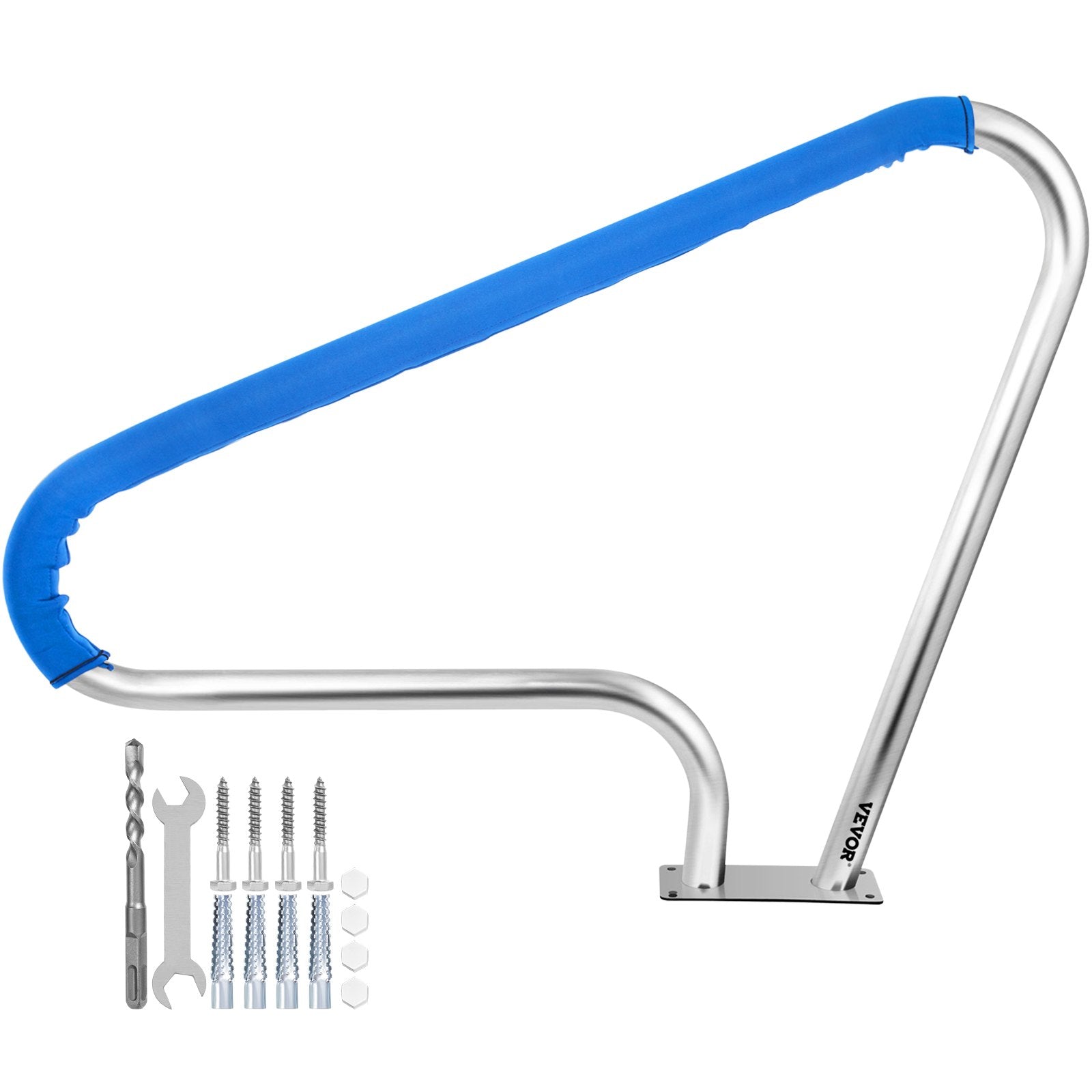 Swimming Pools: VEVOR Pool Rail 48x36 Pool Railing 304 Stainless Steel 250LBS Load Capacity Silver Rustproof Pool Handrail Humanized Swimming Pool Handrail with Blue Grip Cover & M8 Drill Bit & Self-Taping Screws
