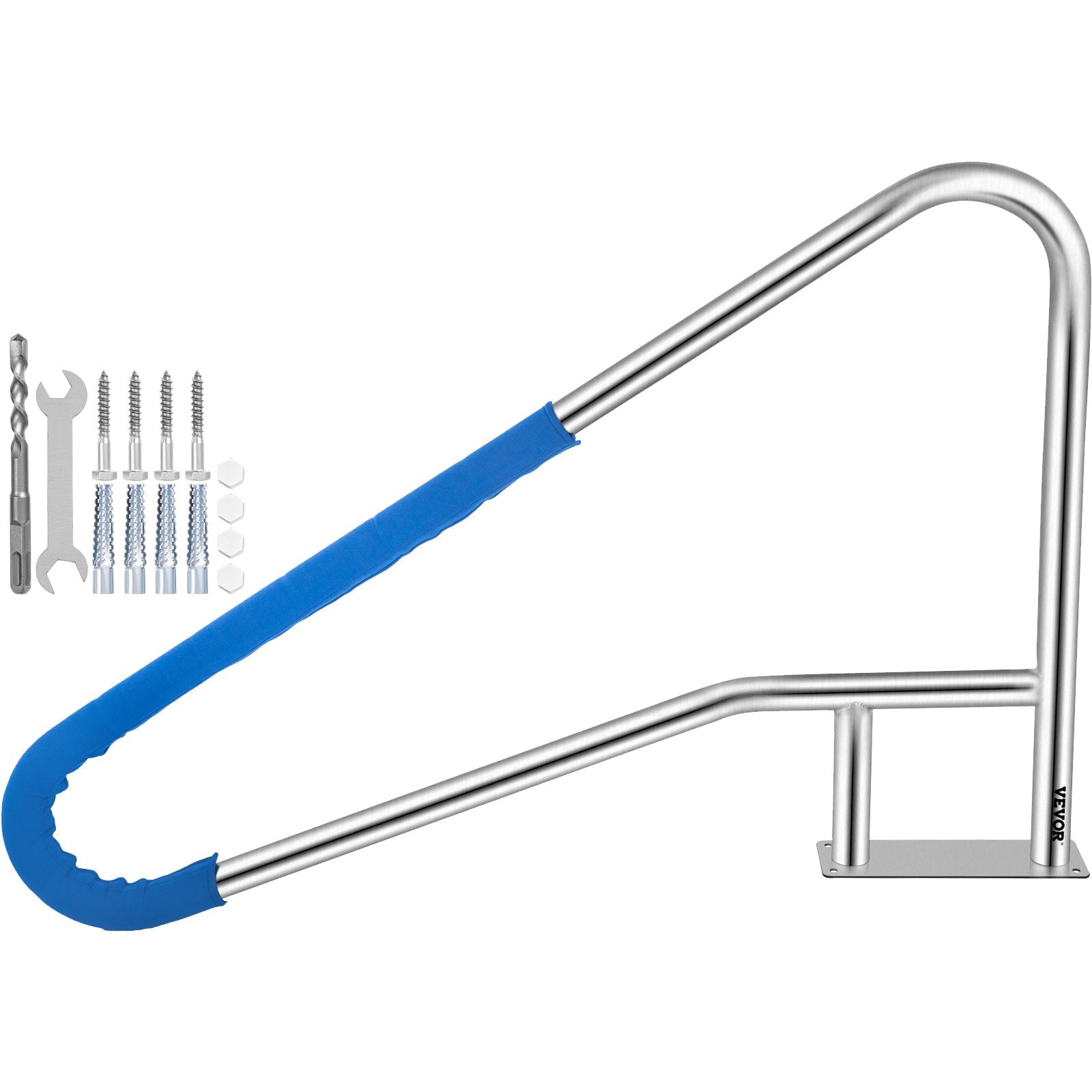 Swimming Pools: VEVOR Pool Rail 55x32 Pool Railing 304 Stainless Steel 250LBS Load Capacity Silver Rustproof Pool Handrail Humanized Swimming Pool Handrail with Blue Grip Cover & M8 Drill Bit & Self-Taping Screws