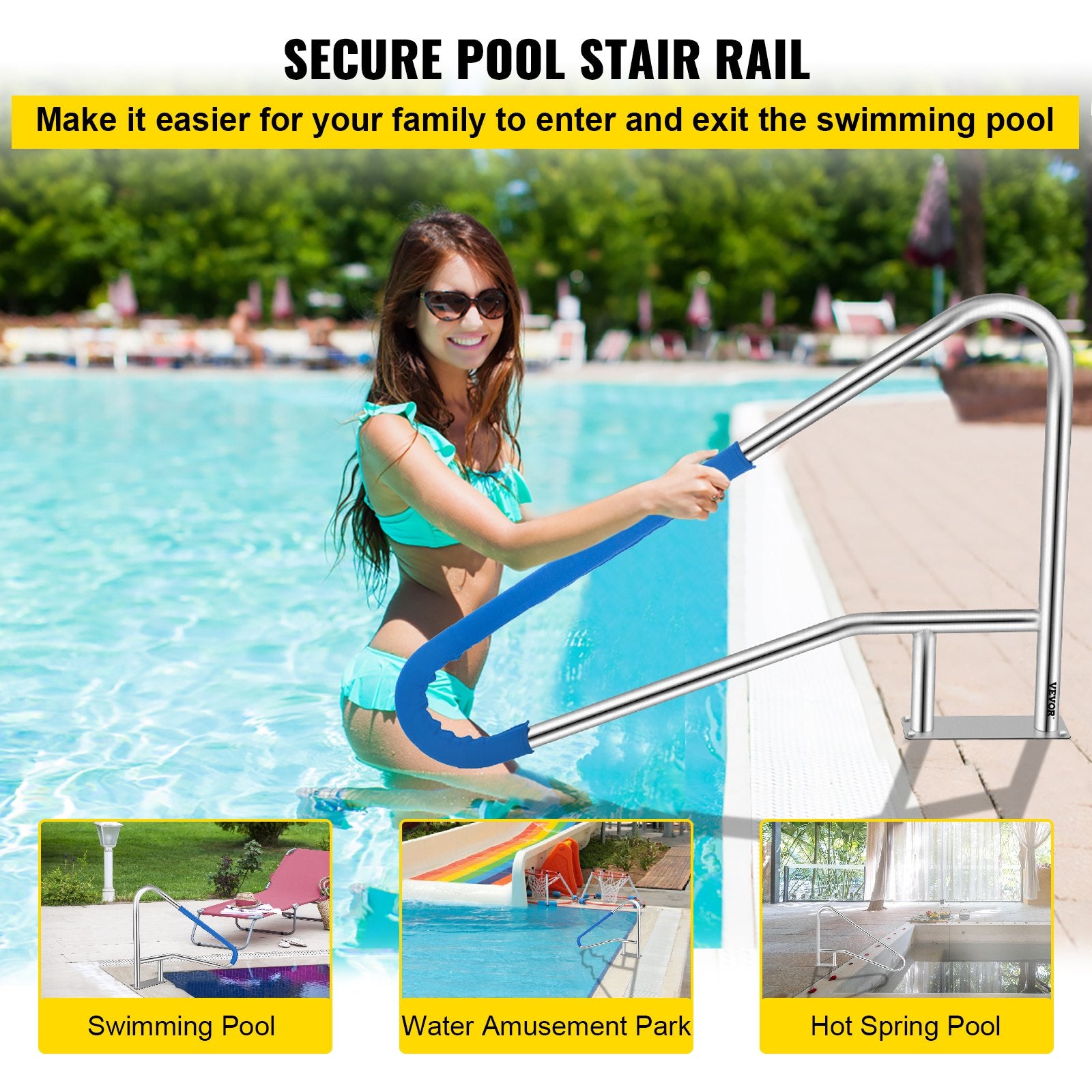 Swimming Pools: VEVOR Pool Rail 55x32 Pool Railing 304 Stainless Steel 250LBS Load Capacity Silver Rustproof Pool Handrail Humanized Swimming Pool Handrail with Blue Grip Cover & M8 Drill Bit & Self-Taping Screws