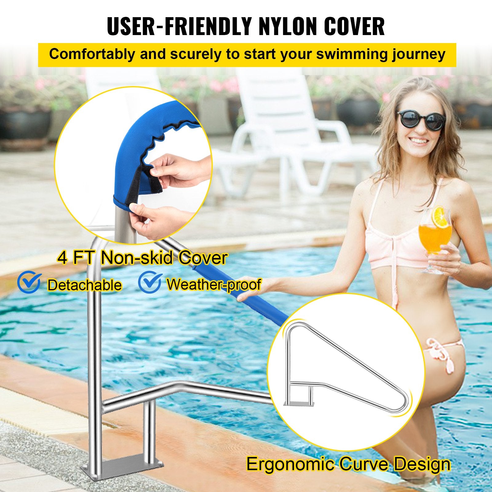 Swimming Pools: VEVOR Pool Rail 55x32 Pool Railing 304 Stainless Steel 250LBS Load Capacity Silver Rustproof Pool Handrail Humanized Swimming Pool Handrail with Blue Grip Cover & M8 Drill Bit & Self-Taping Screws