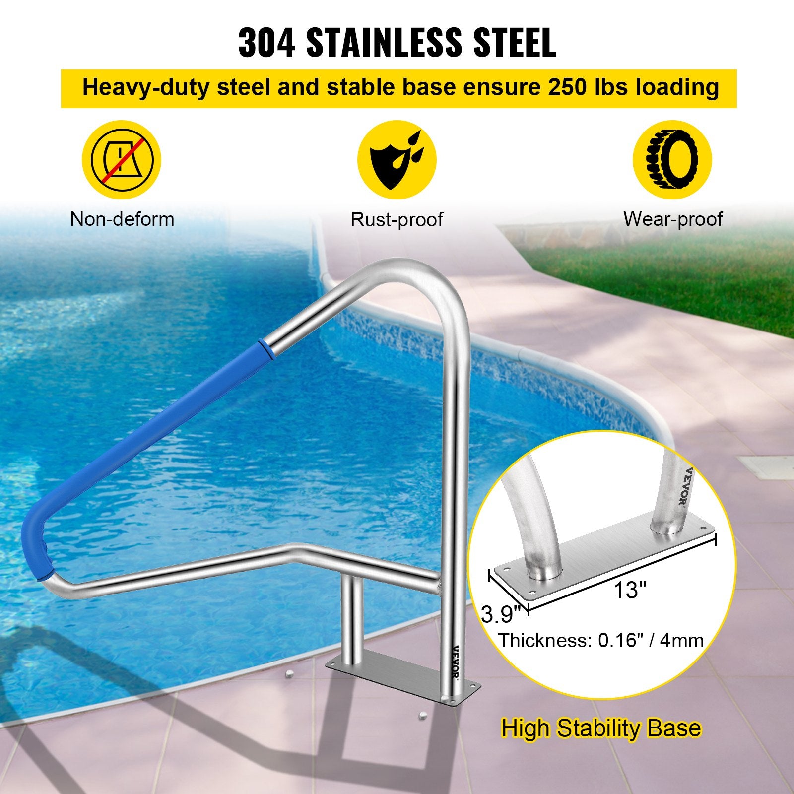 Swimming Pools: VEVOR Pool Rail 55x32 Pool Railing 304 Stainless Steel 250LBS Load Capacity Silver Rustproof Pool Handrail Humanized Swimming Pool Handrail with Blue Grip Cover & M8 Drill Bit & Self-Taping Screws