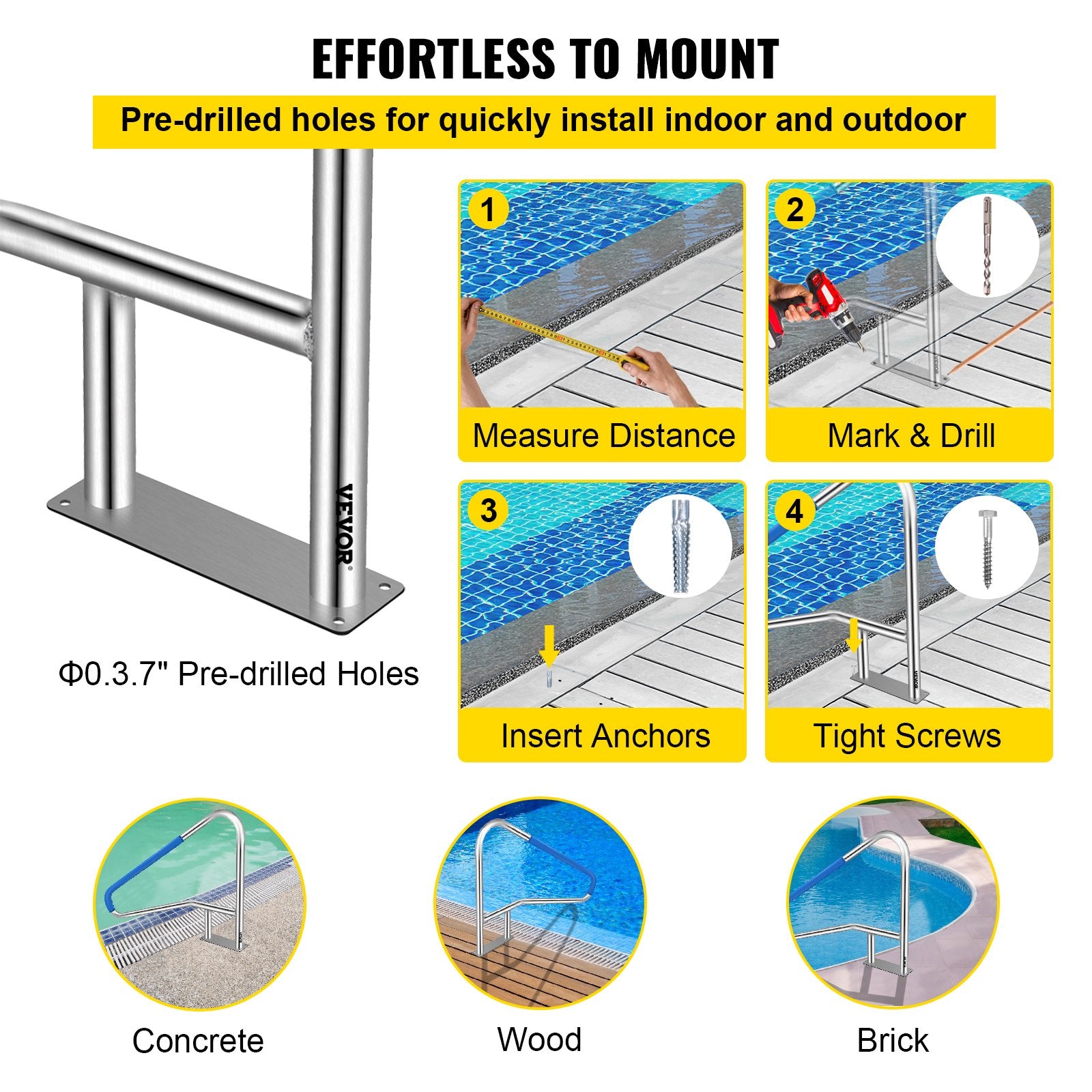 Swimming Pools: VEVOR Pool Rail 55x32 Pool Railing 304 Stainless Steel 250LBS Load Capacity Silver Rustproof Pool Handrail Humanized Swimming Pool Handrail with Blue Grip Cover & M8 Drill Bit & Self-Taping Screws