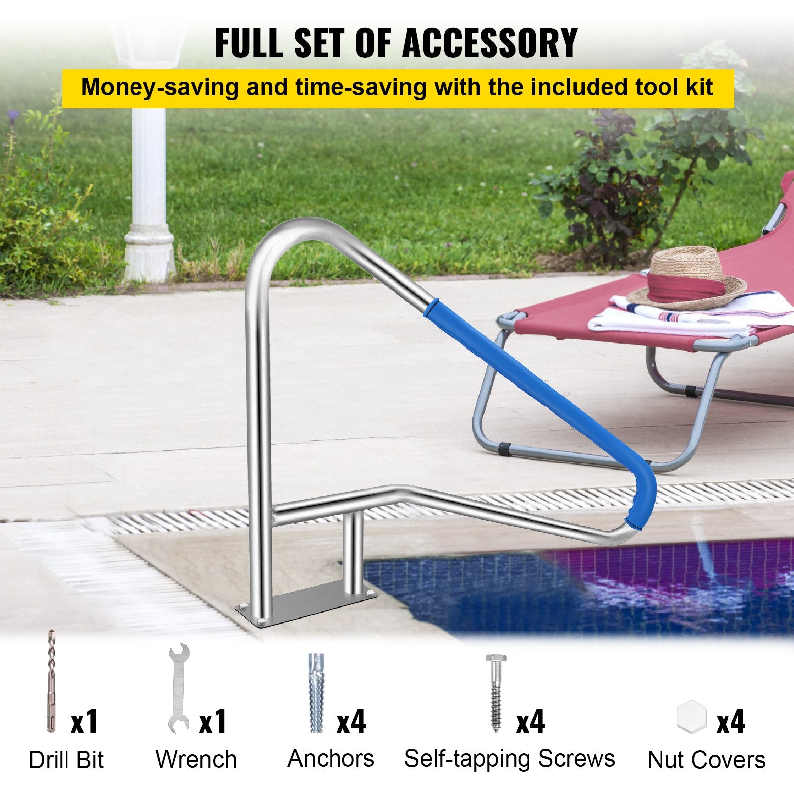 Swimming Pools: VEVOR Pool Rail 55x32 Pool Railing 304 Stainless Steel 250LBS Load Capacity Silver Rustproof Pool Handrail Humanized Swimming Pool Handrail with Blue Grip Cover & M8 Drill Bit & Self-Taping Screws