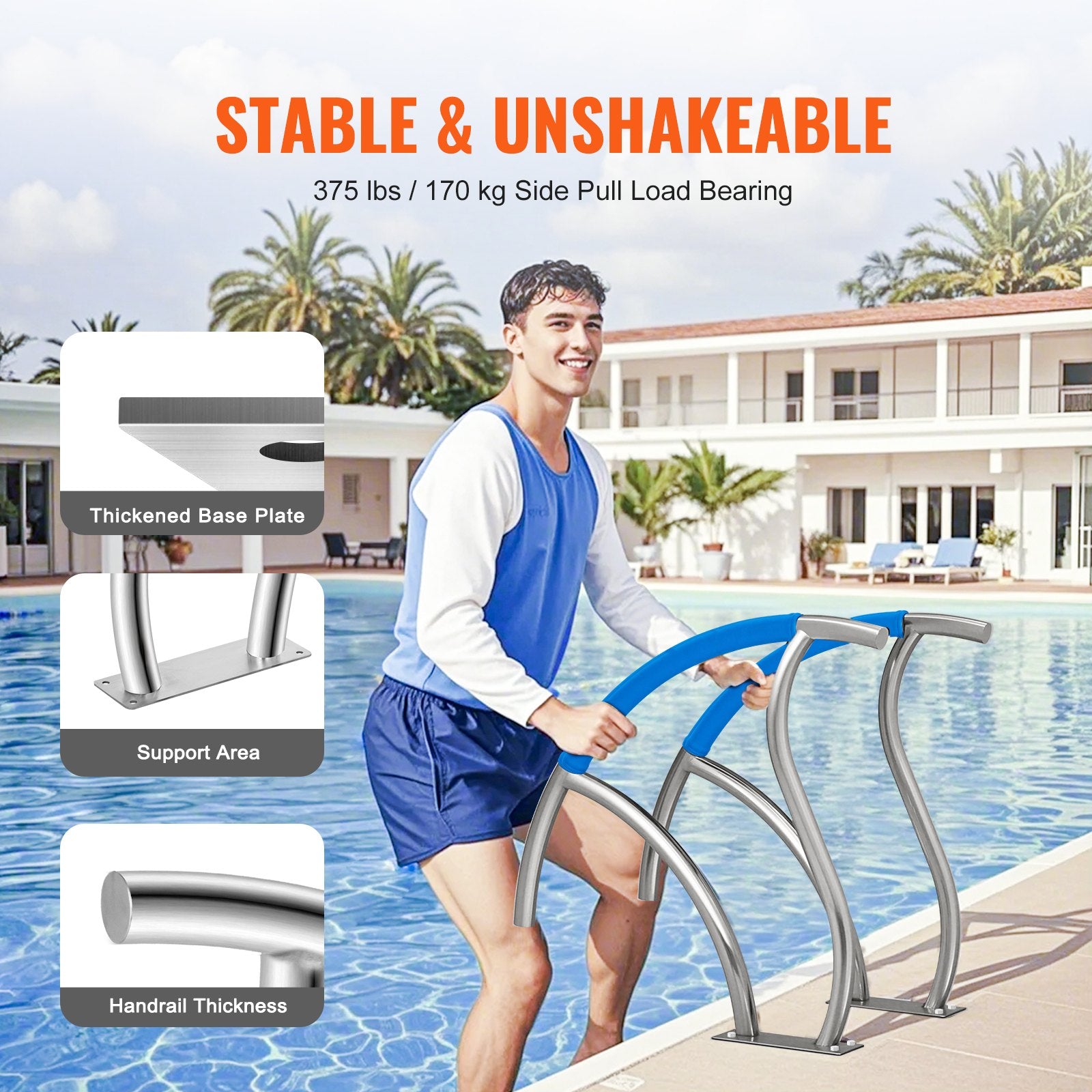Pool Toys & Inflatables: VEVOR Pool Handrail 2 PCS 30x30in Stainless Steel with Base Plate for Spas