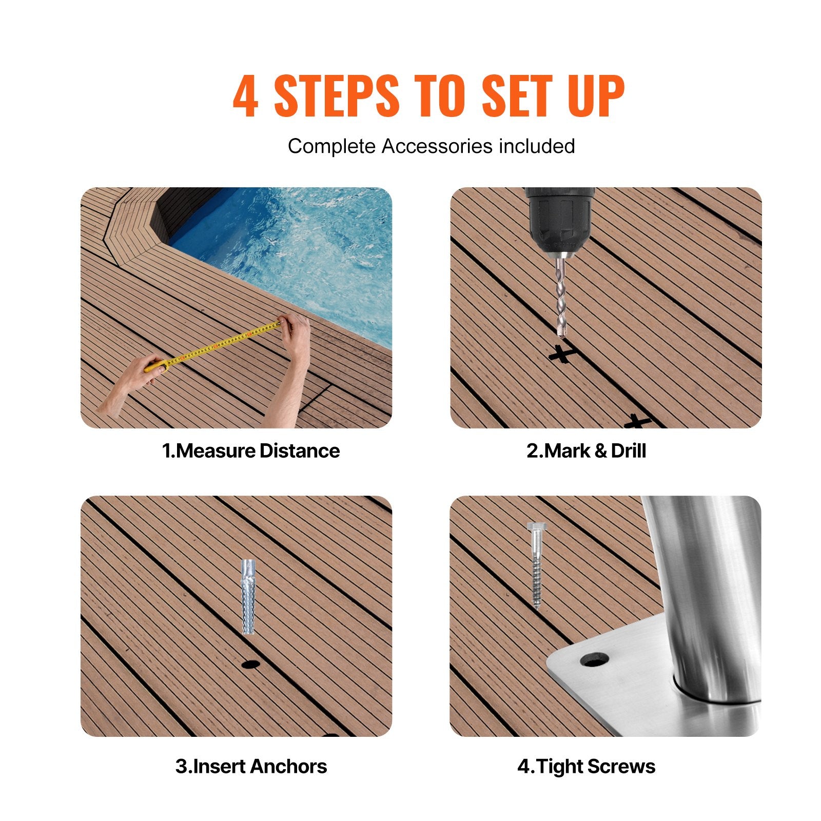 Pool Toys & Inflatables: VEVOR Pool Handrail 2 PCS 30x30in Stainless Steel with Base Plate for Spas
