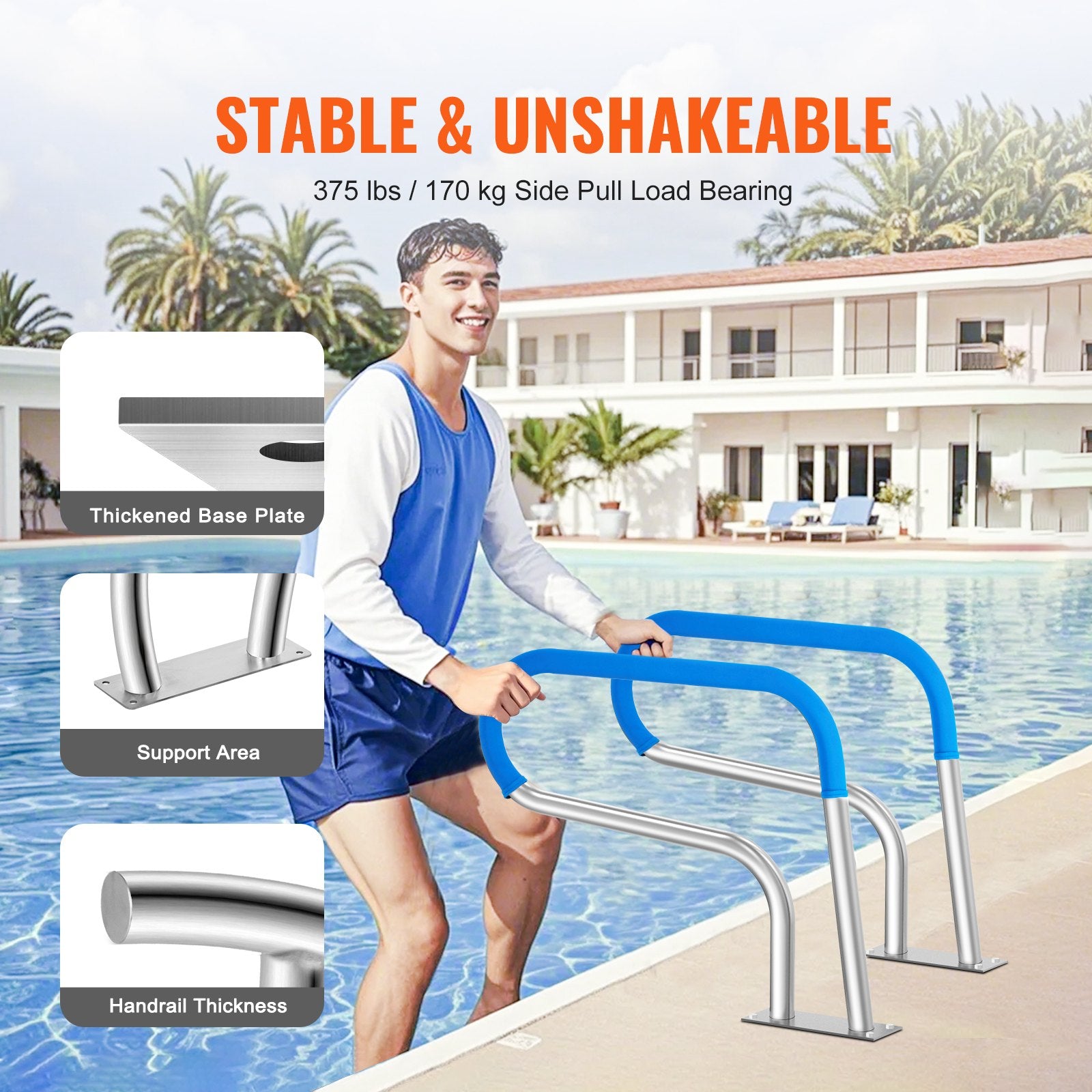 Swimming Pools: VEVOR Pool Handrail, 32 x 23 inch Pool Railing, Stainless Steel with Base Plate for Indoor/Outdoor Pools,Swimming Pool Safety Railing for Decks,Rust-Proof Grab Bar w/ Grip Cover&Accessories for Spas