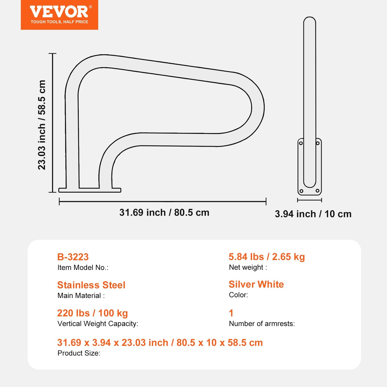 Swimming Pools: VEVOR Pool Handrail, 32 x 23 inch Pool Railing, Stainless Steel with Base Plate for Indoor/Outdoor Pools,Swimming Pool Safety Railing for Decks,Rust-Proof Grab Bar w/ Grip Cover&Accessories for Spas