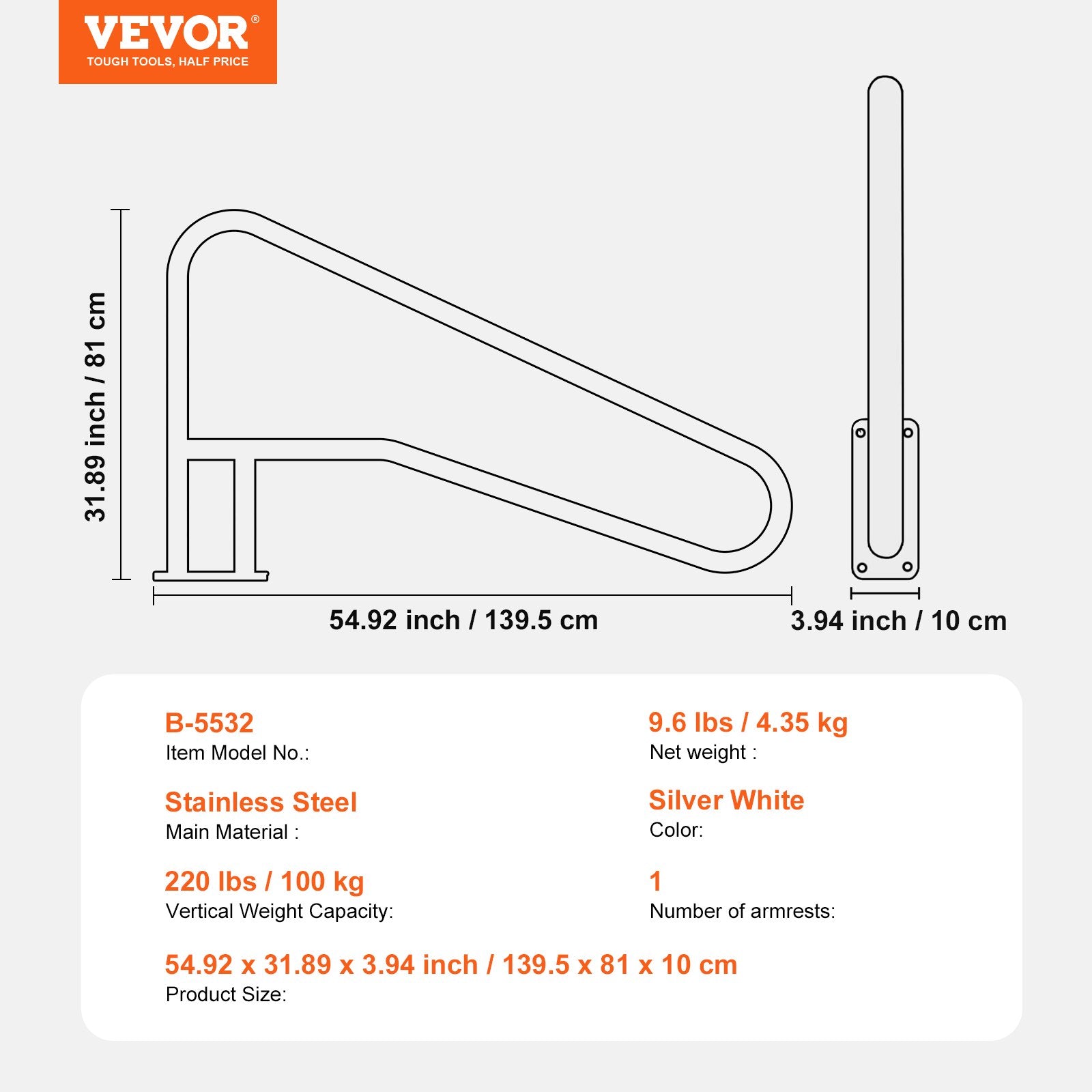 Fire Pits: VEVOR Pool Handrail 55 x 32 inch Stainless Steel with Base Plate for Spas