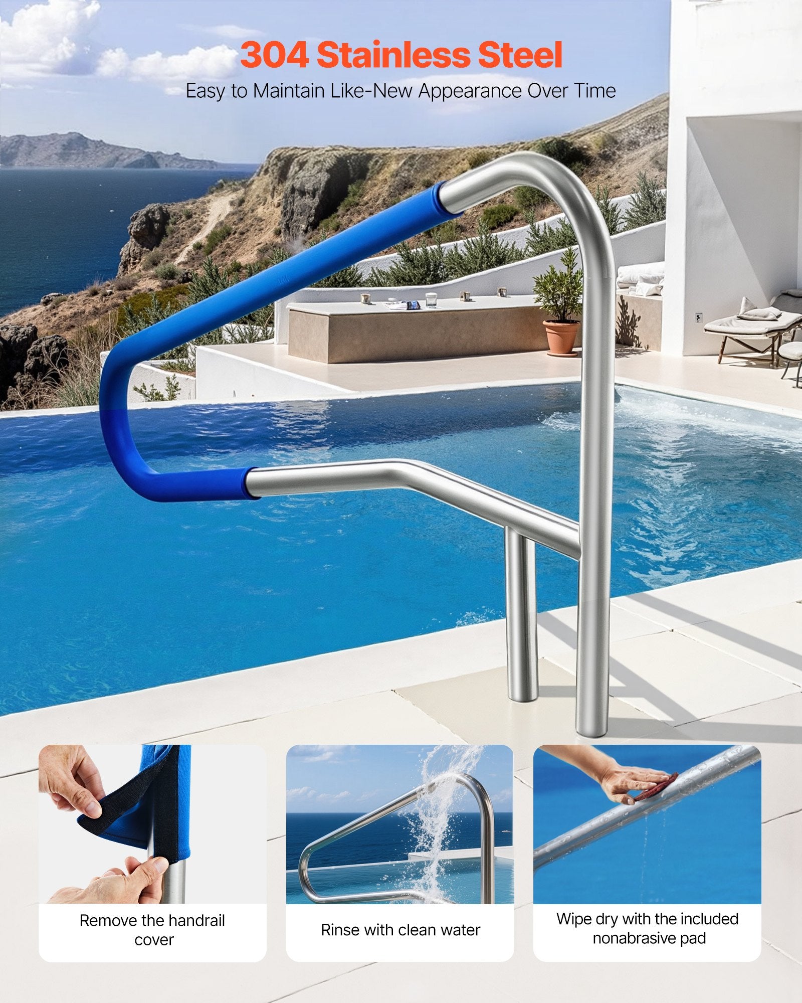 Swimming Pools: VEVOR Pool Rail, 137.1 x 81.3 cm Pool Handrail, 100kg Load Capacity Heavy Duty 304 Stainless Steel Swimming Handrail, Detachable Nonslip Sleeve, Recessed or Base Mount, for Poolside, Water Parks