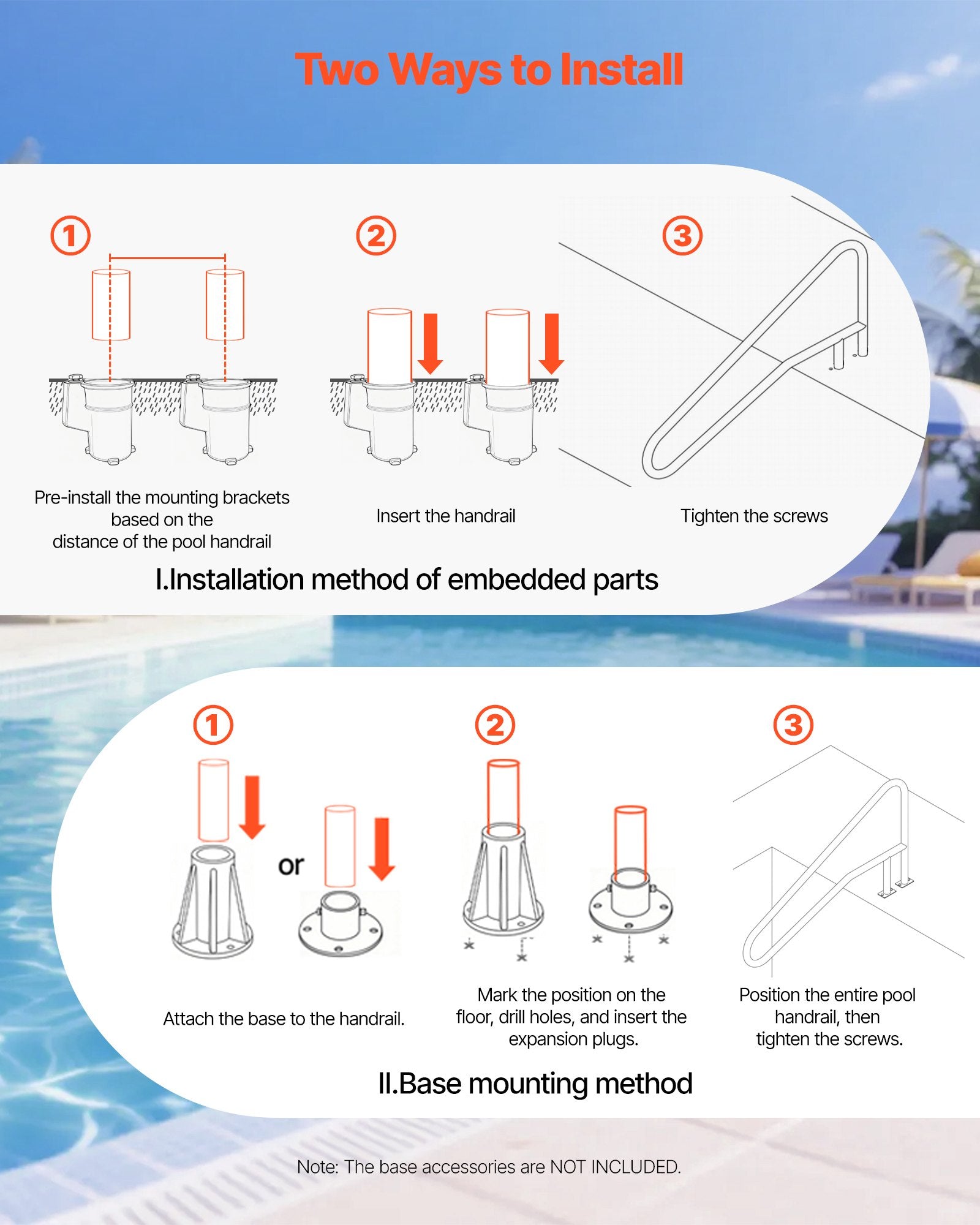 Swimming Pools: VEVOR Pool Rail, 137.1 x 81.3 cm Pool Handrail, 100kg Load Capacity Heavy Duty 304 Stainless Steel Swimming Handrail, Detachable Nonslip Sleeve, Recessed or Base Mount, for Poolside, Water Parks
