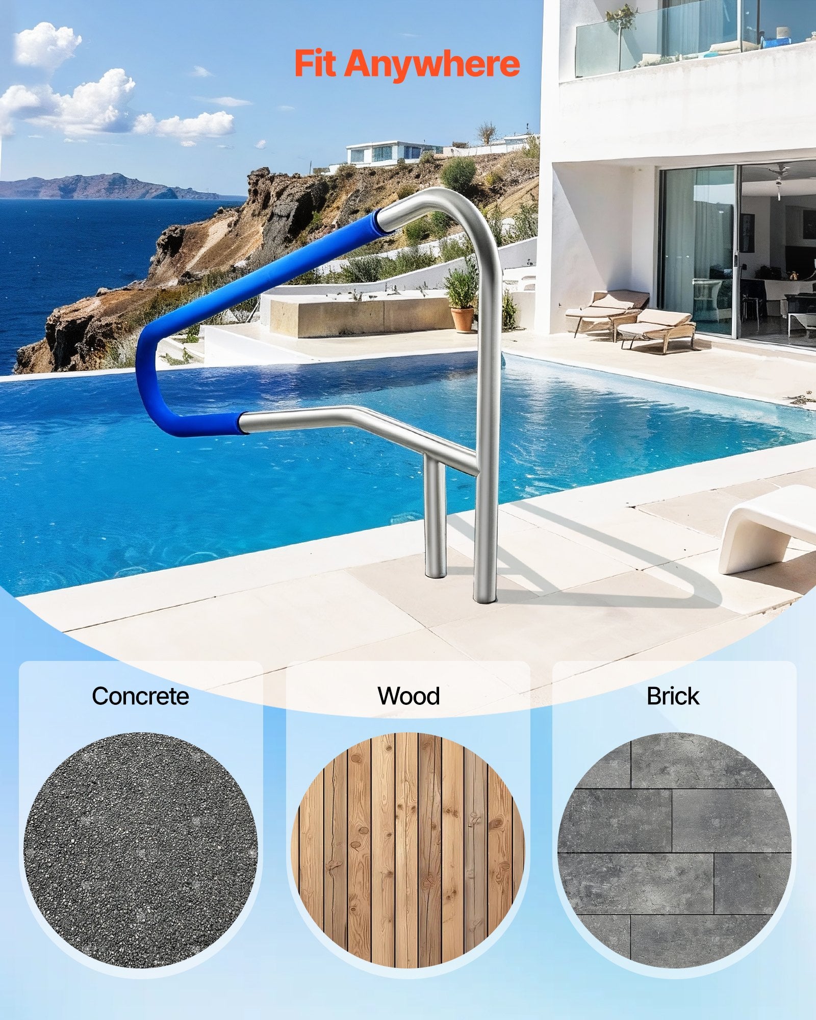 Swimming Pools: VEVOR Pool Rail, 137.1 x 81.3 cm Pool Handrail, 100kg Load Capacity Heavy Duty 304 Stainless Steel Swimming Handrail, Detachable Nonslip Sleeve, Recessed or Base Mount, for Poolside, Water Parks